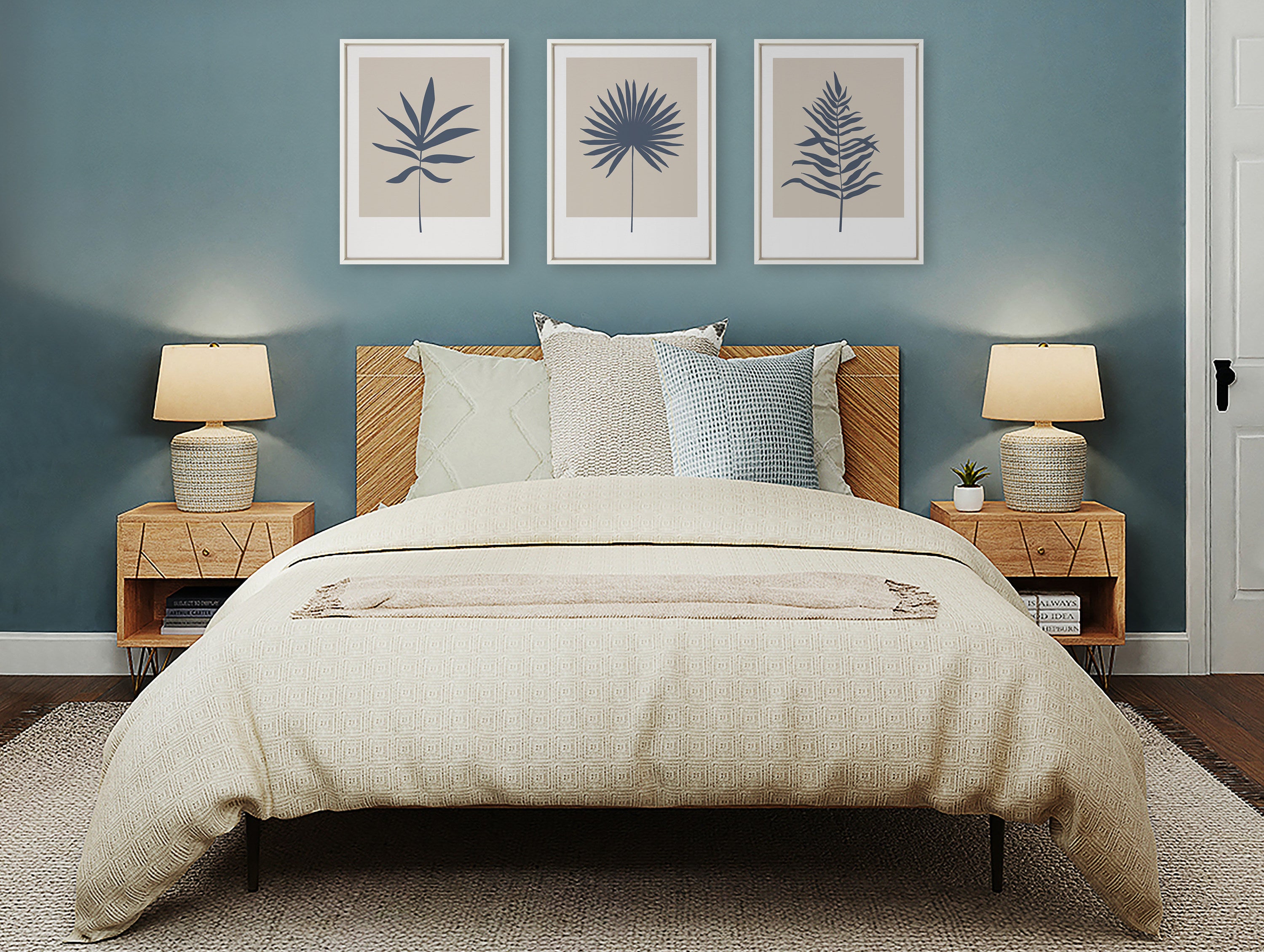 Sylvie Muted Tan and Blue Colorblock Botanical Leaf Framed Canvas by The Creative Bunch Studio