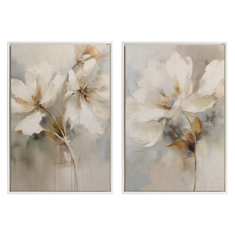 Sylvie Beaded Abstract Botanical Floral Linen Painting 1 and 2 Framed Canvas Art Set by The Creative Bunch Studio