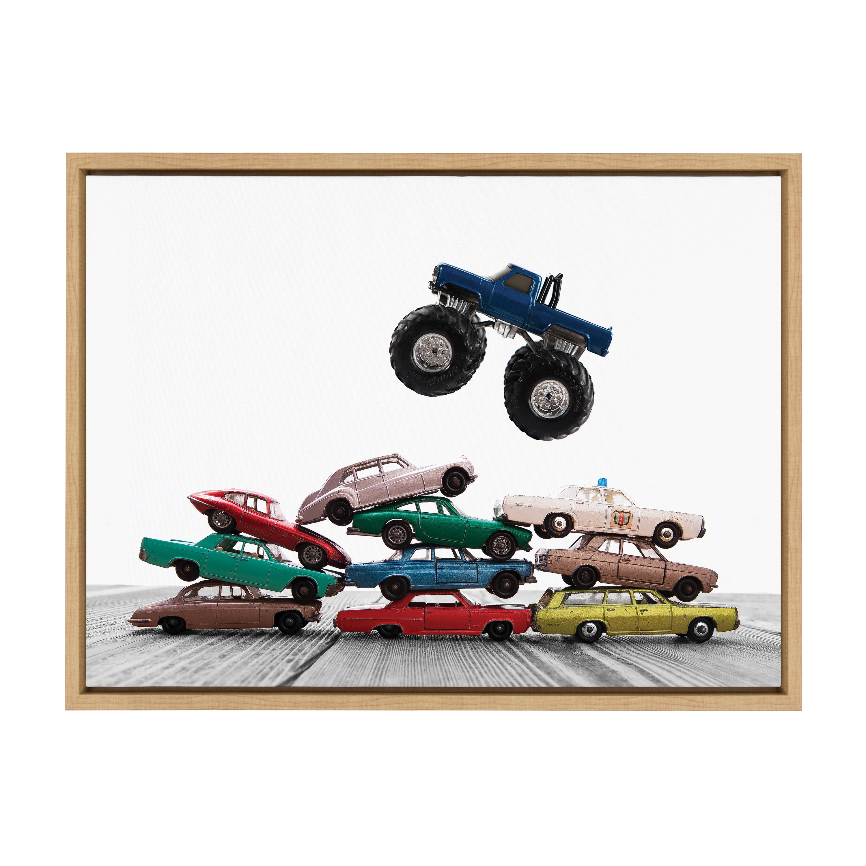 Sylvie Vintage Stacked Matchbox Cars and Monster Truck Framed Canvas by Saint and Sailor Studios