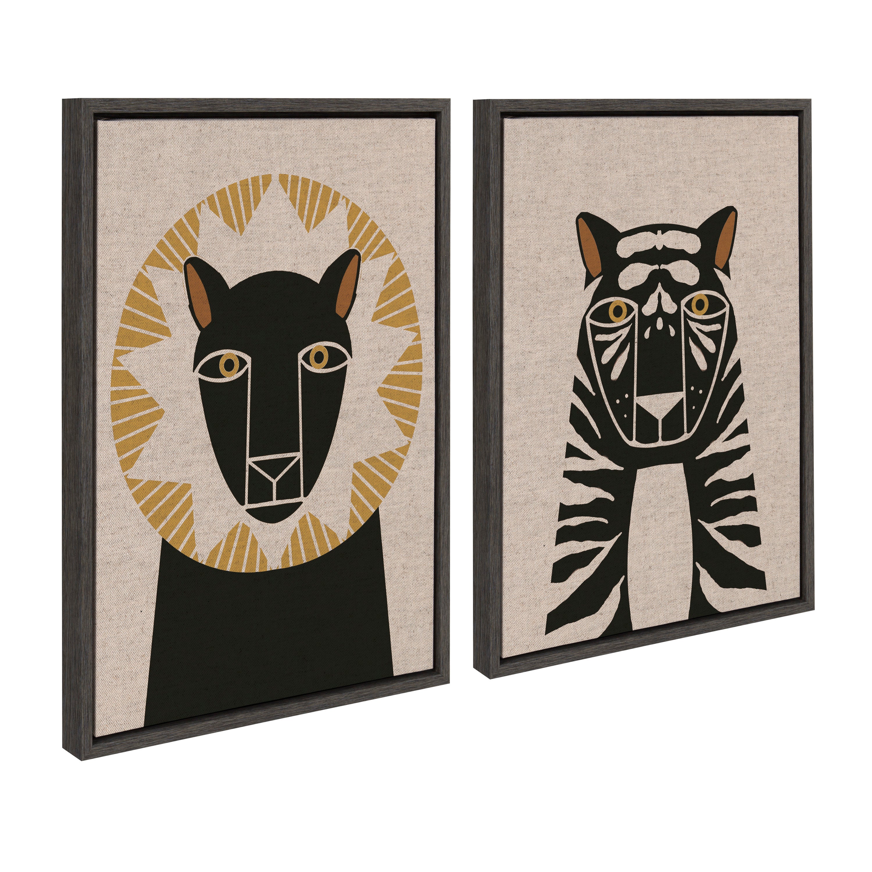 Sylvie Lion Profile Neutral Linen and Tiger Profile Neutral Linen Framed Canvas Art Set by Hannah Beisang