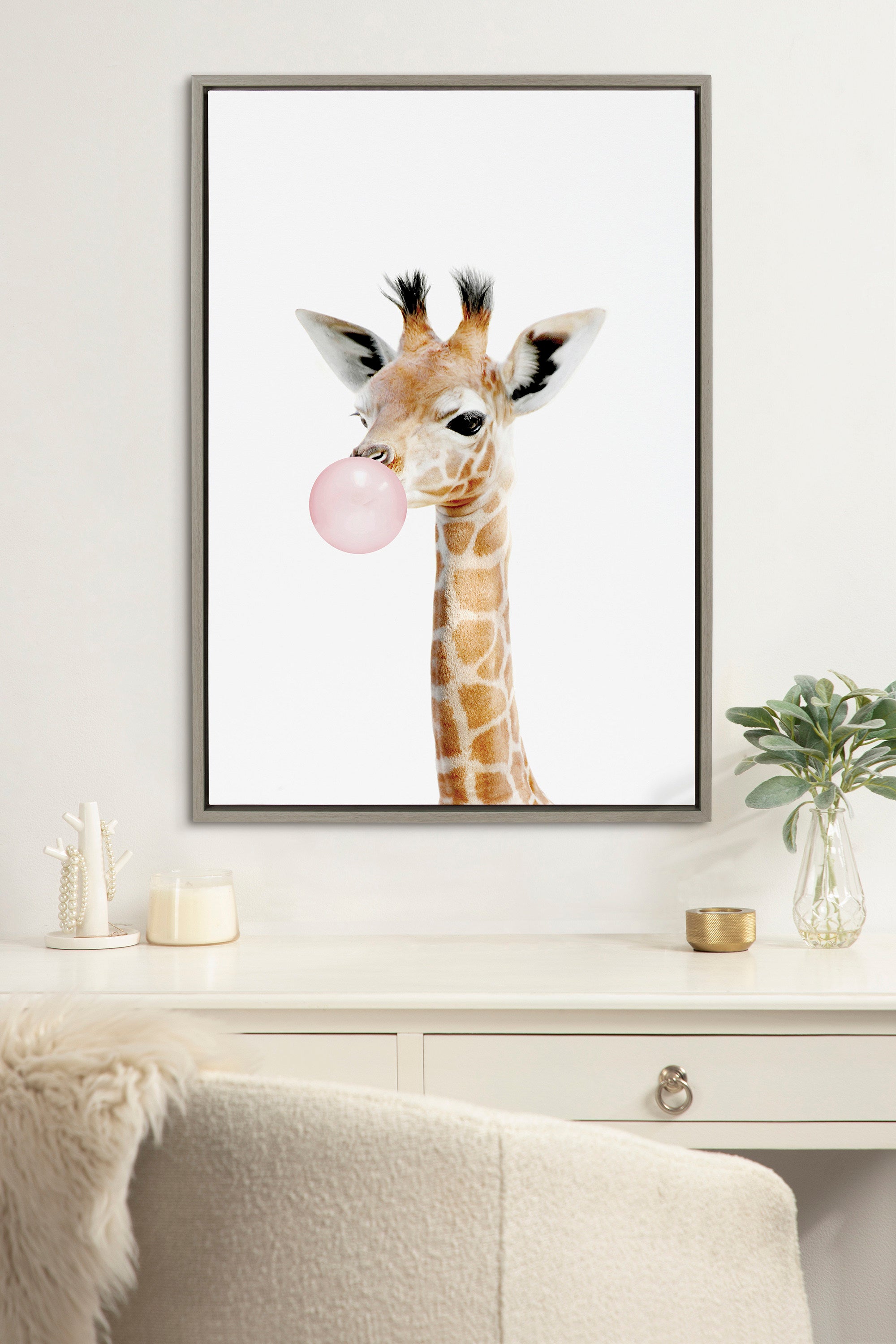 Sylvie Bubble Gum Giraffe Framed Canvas by Amy Peterson Art Studio