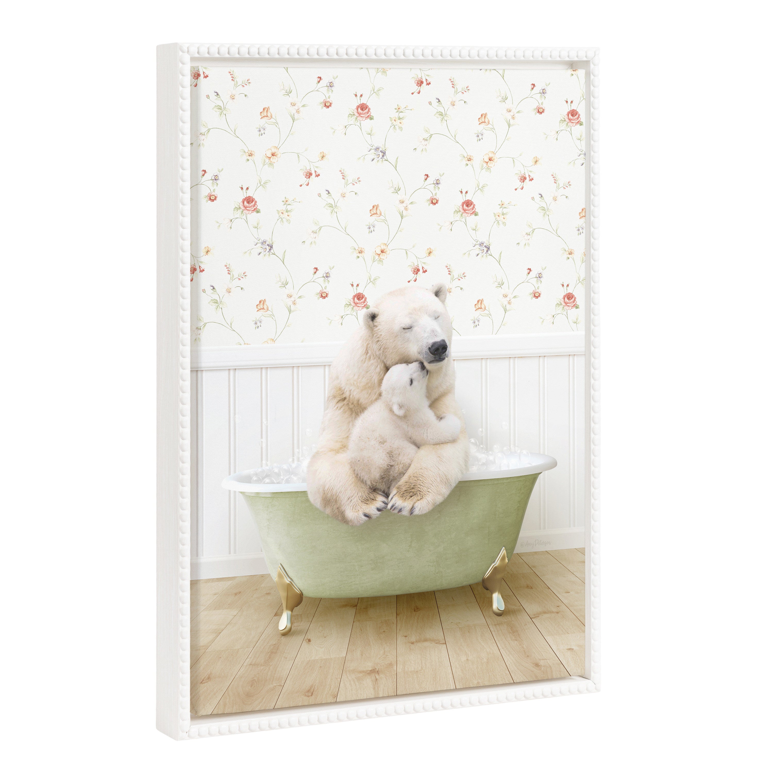 Sylvie Beaded Mother and Baby Polar Bear in Country Cottage Bath Framed Canvas by Amy Peterson