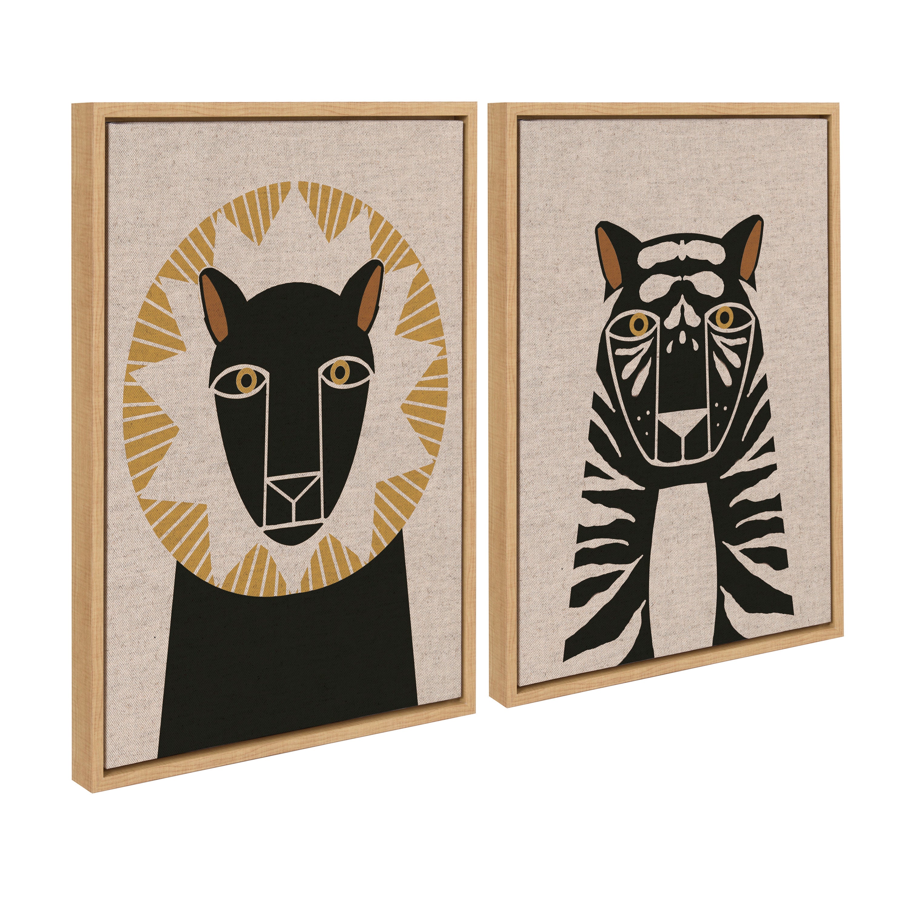 Sylvie Lion Profile Neutral Linen and Tiger Profile Neutral Linen Framed Canvas Art Set by Hannah Beisang