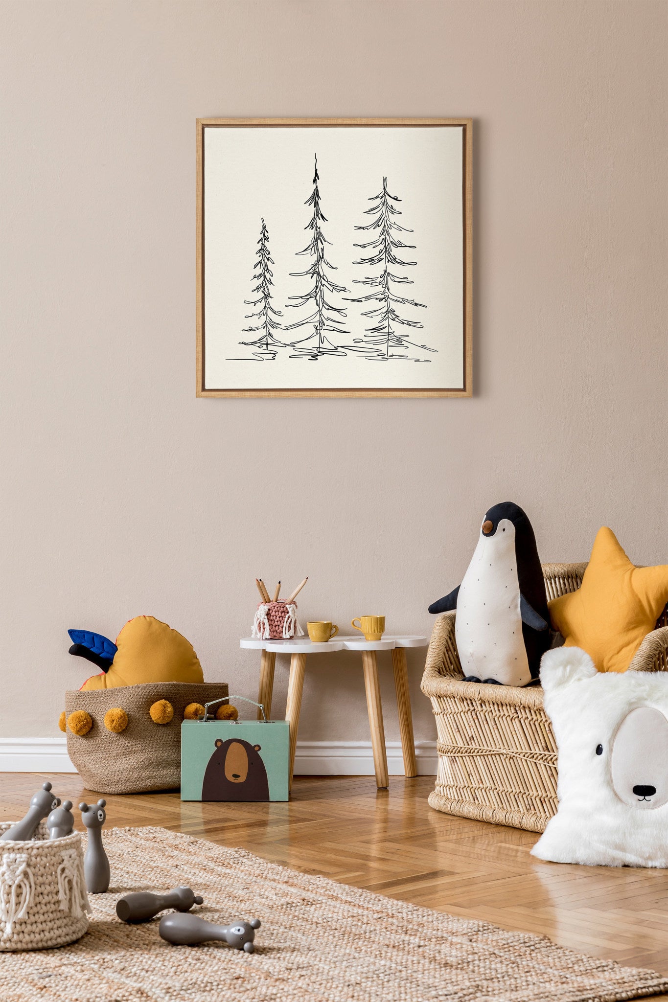 Sylvie Minimalist Evergreen Trees Sketch Framed Canvas by The Creative Bunch Studio