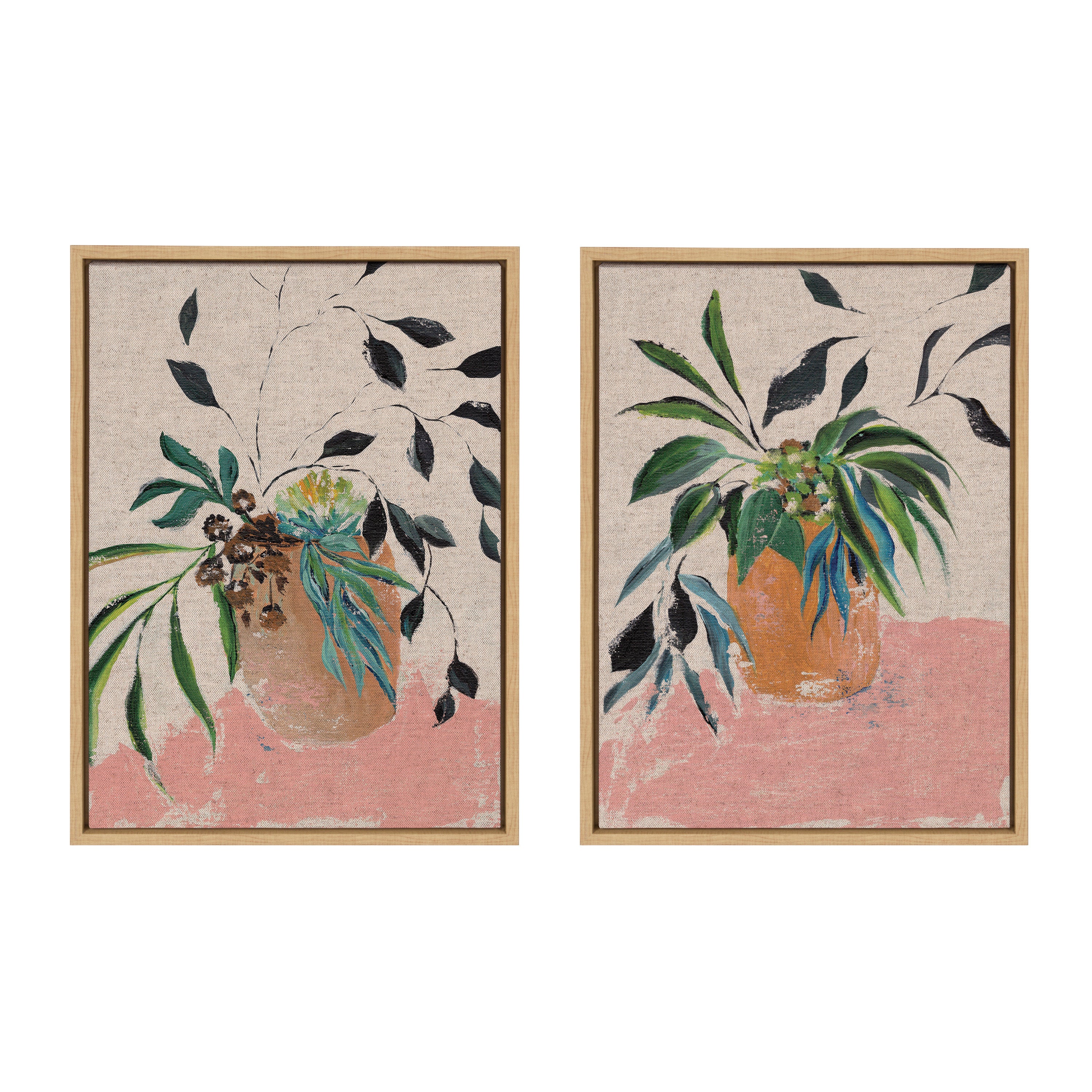 Sylvie Wild Foliage l and II Neutral Linen Framed Canvas Art Set by Nikita Jariwala