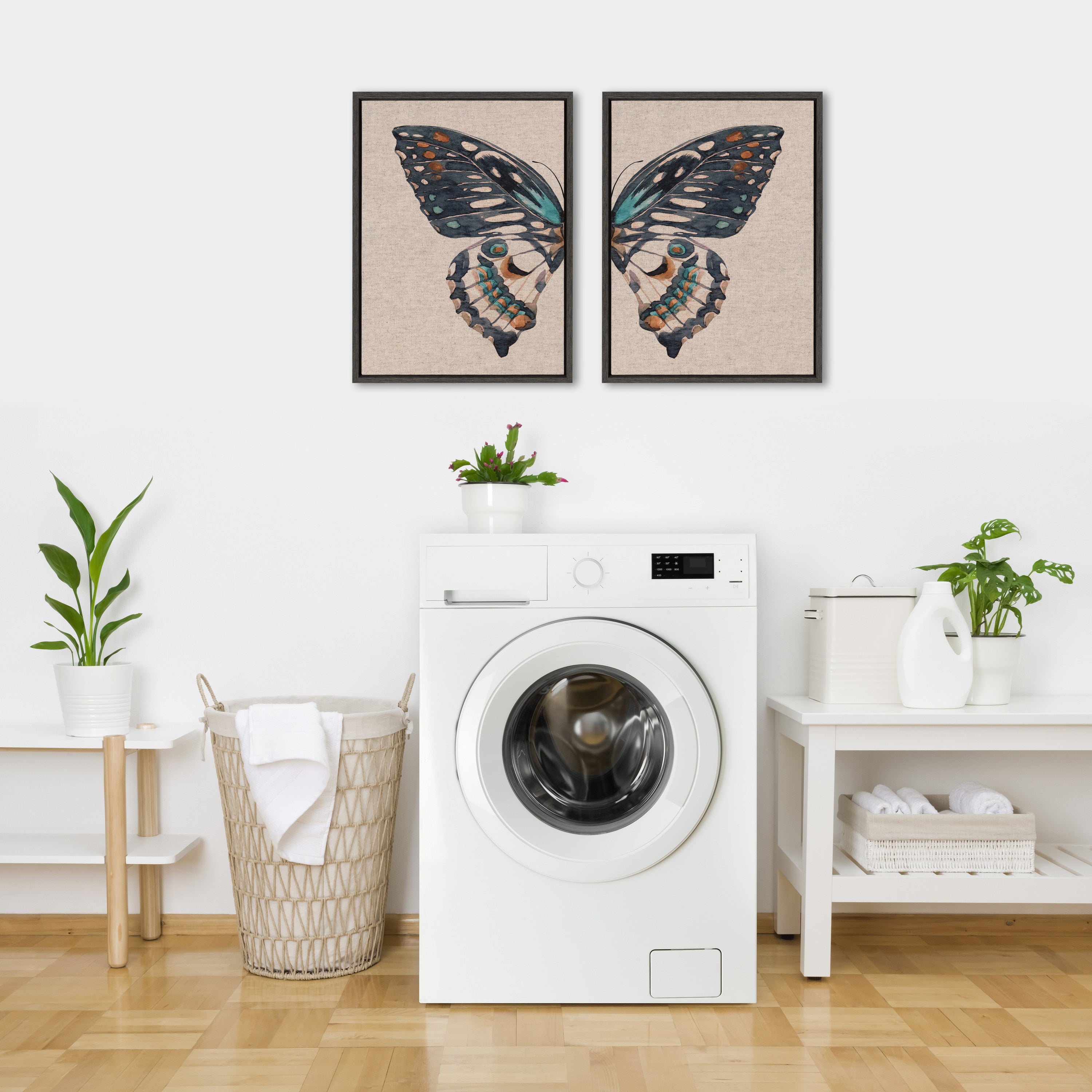 Sylvie Boho Butterfly Watercolor Diptych Neutral Linen Framed Canvas Art Set by The Creative Bunch Studio