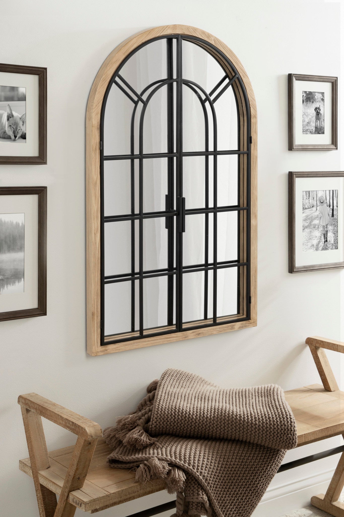 Boldmere Wood/Metal Arch Windowpane Mirror