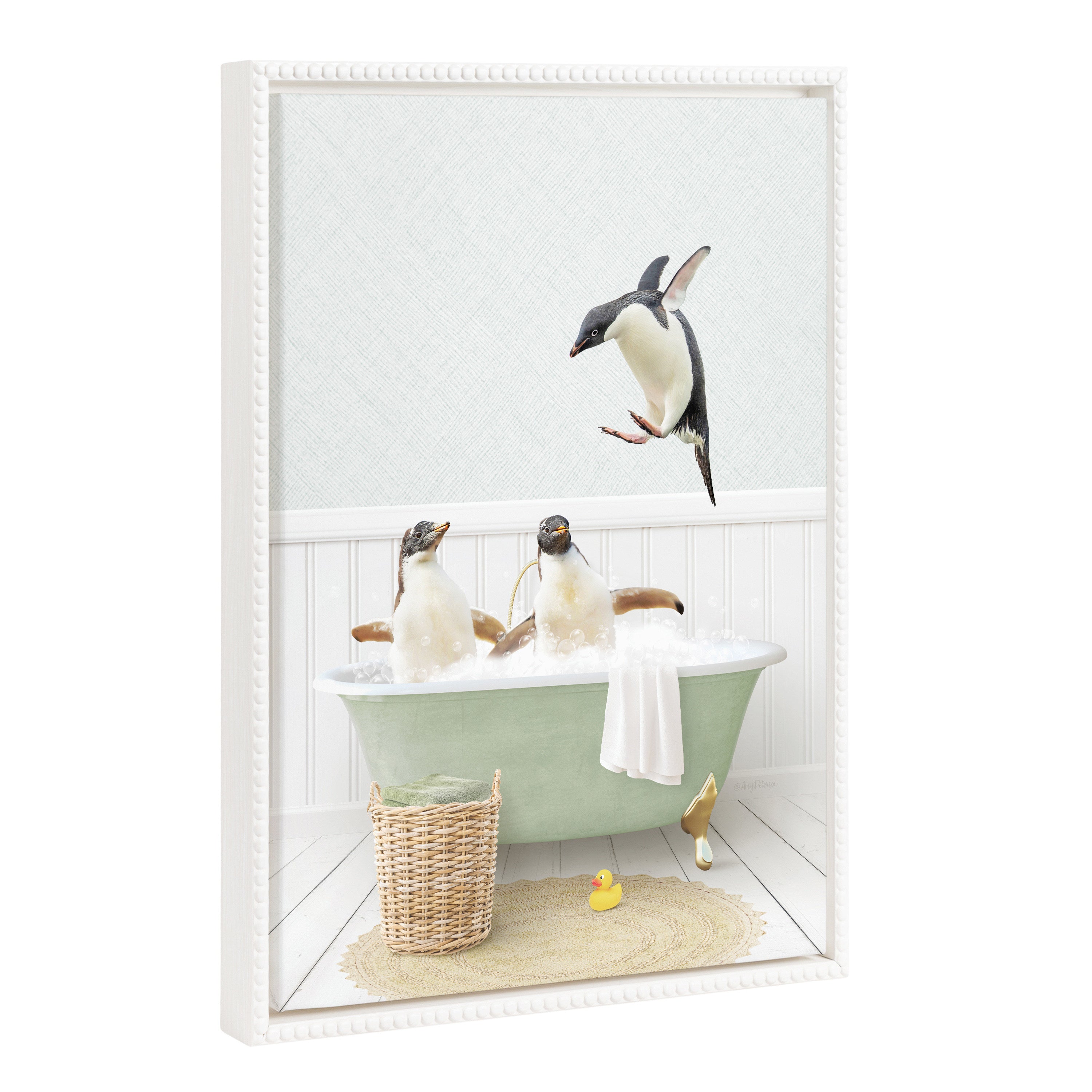 Sylvie Beaded Penguins in Cottage Bath Framed Canvas by Amy Peterson