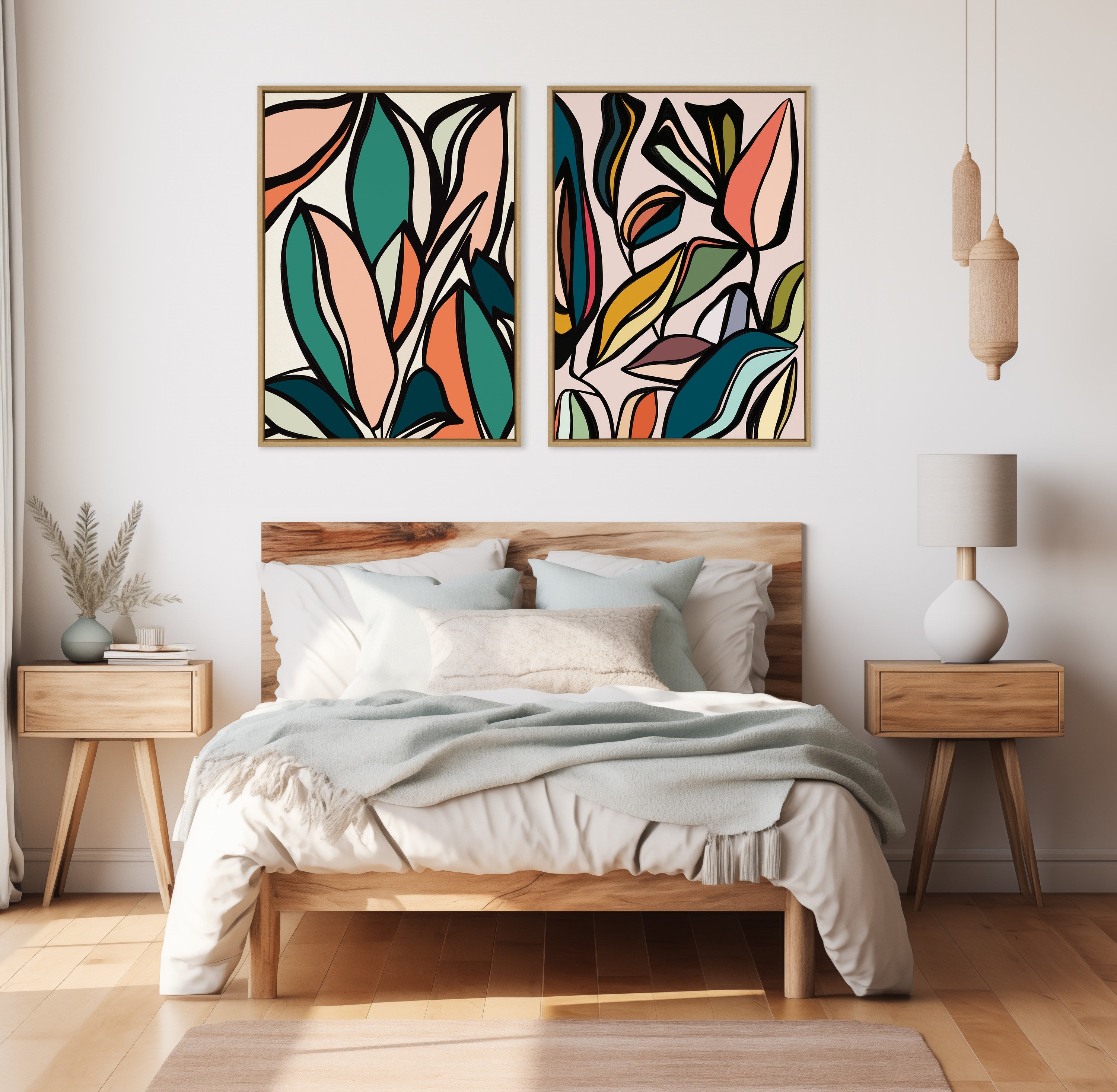 Stampa Su Tela Incorniciata Kate And Laurel 'Fanciful Ficus 2' Di Alicia Bock: Quadro Moderno Con Foglie Colorate, 71x96 Cm, Cornice Naturale, Arte Da Parete Botanica