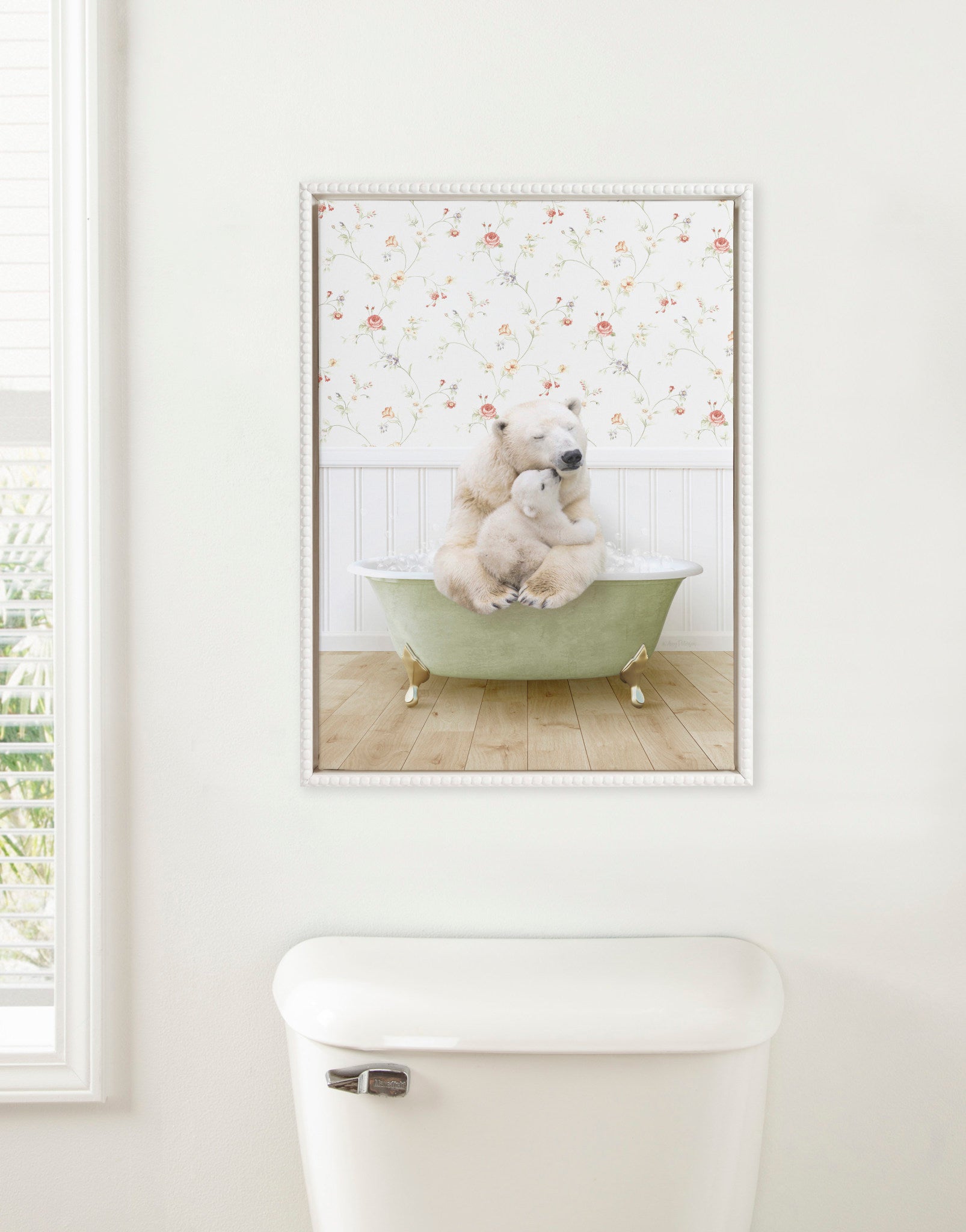 Sylvie Beaded Mother and Baby Polar Bear in Country Cottage Bath Framed Canvas by Amy Peterson