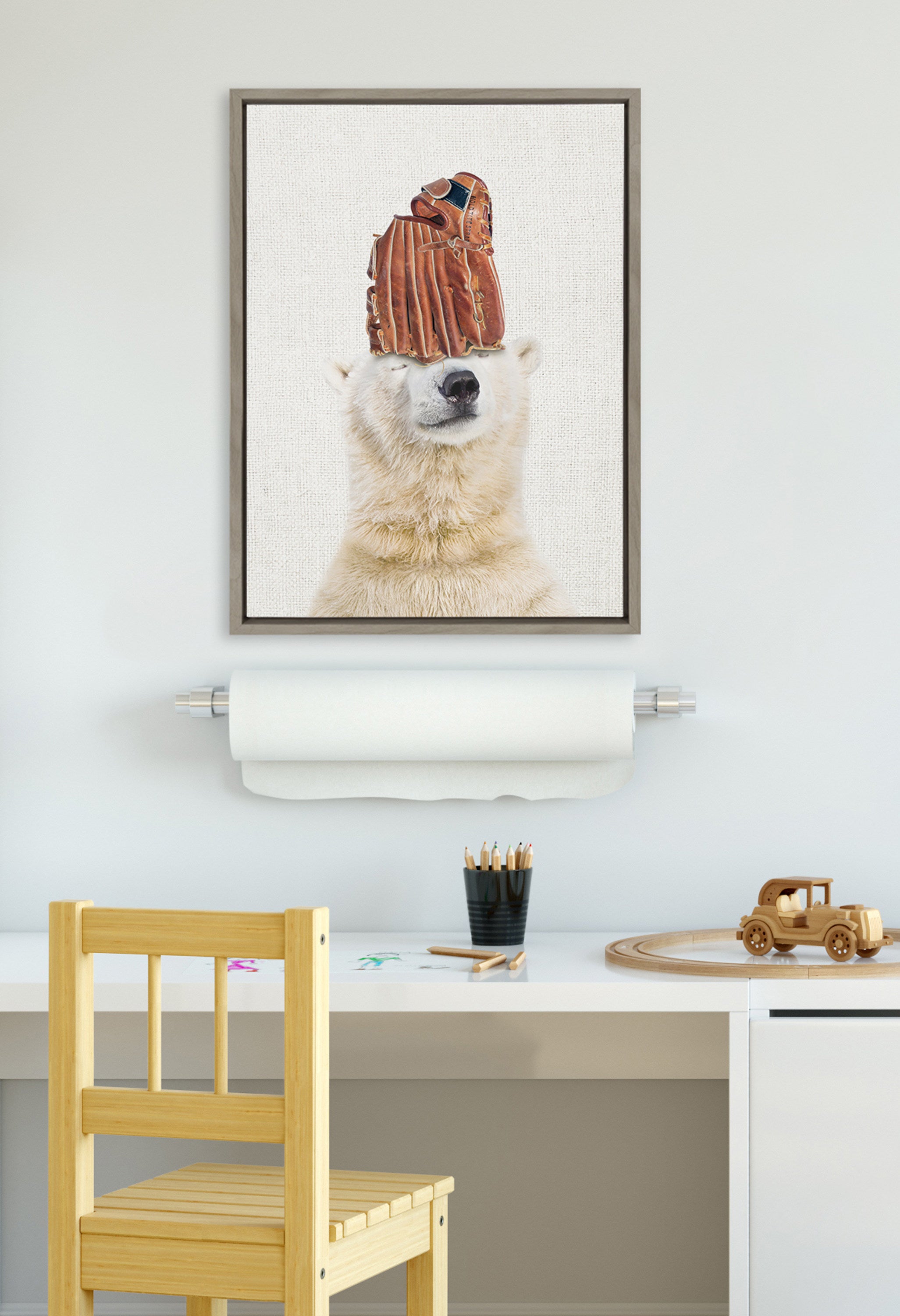 Sylvie Polar Bear Baseball Framed Canvas by Amy Peterson Art Studio