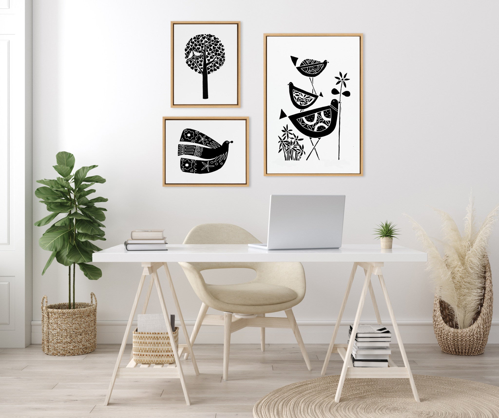 Sylvie Trio Linocut, Love Tree Linocut and Over the Cloud Linocut Framed Canvas Art Set by Giuliana Lazzerini