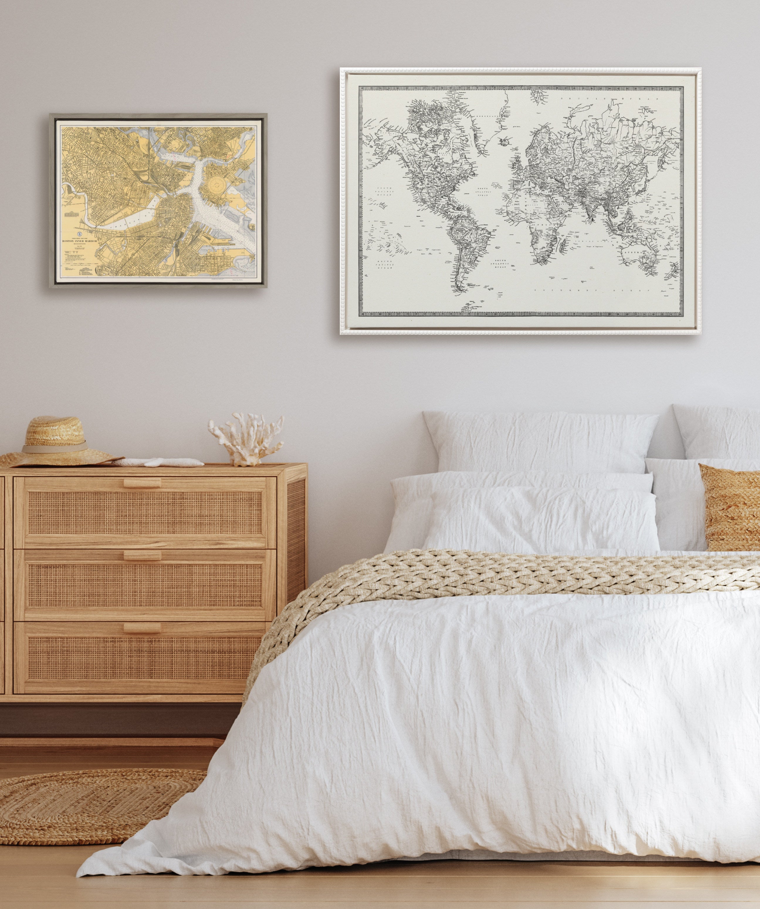 Sylvie Beaded Vintage Black and White World Map Framed Canvas by The Creative Bunch Studio