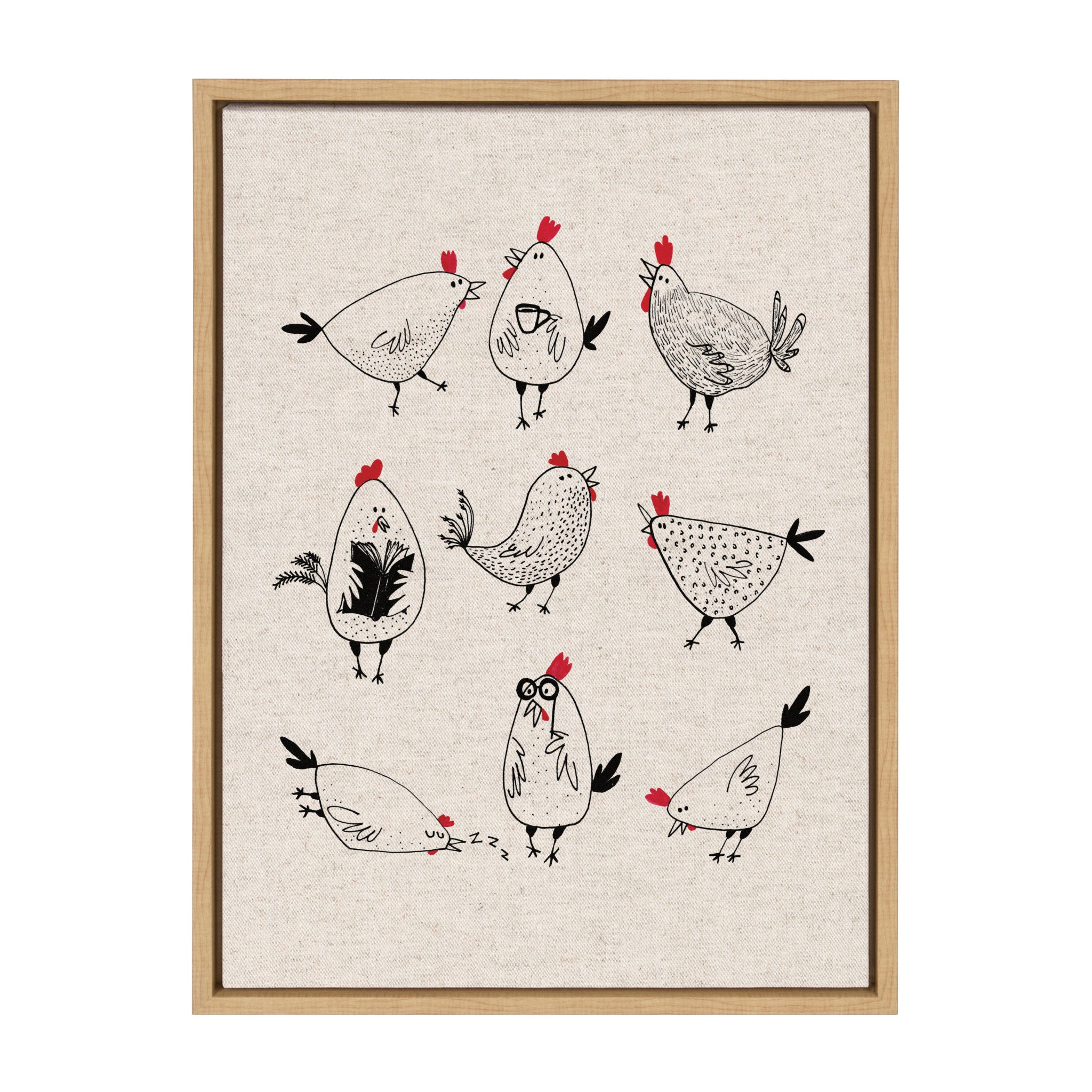 Sylvie Chickens Mama Neutral Linen Bright Framed Canvas by Viola Kreczmer