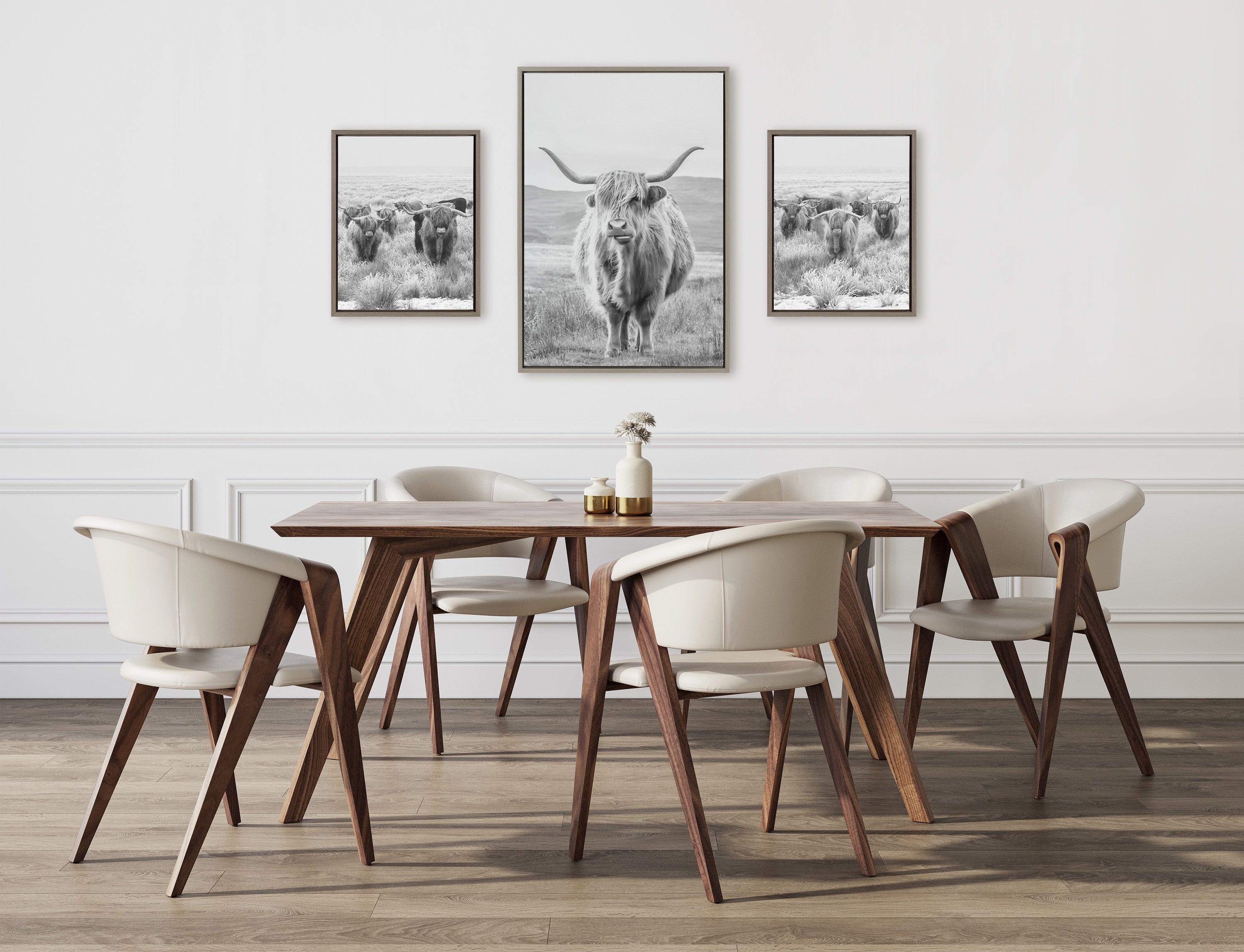 Sylvie Herd of Highland Cows BW Left and Right and Highland Cow Mountain Landscape Black and White Framed Canvas Art Set by The Creative Bunch Studio