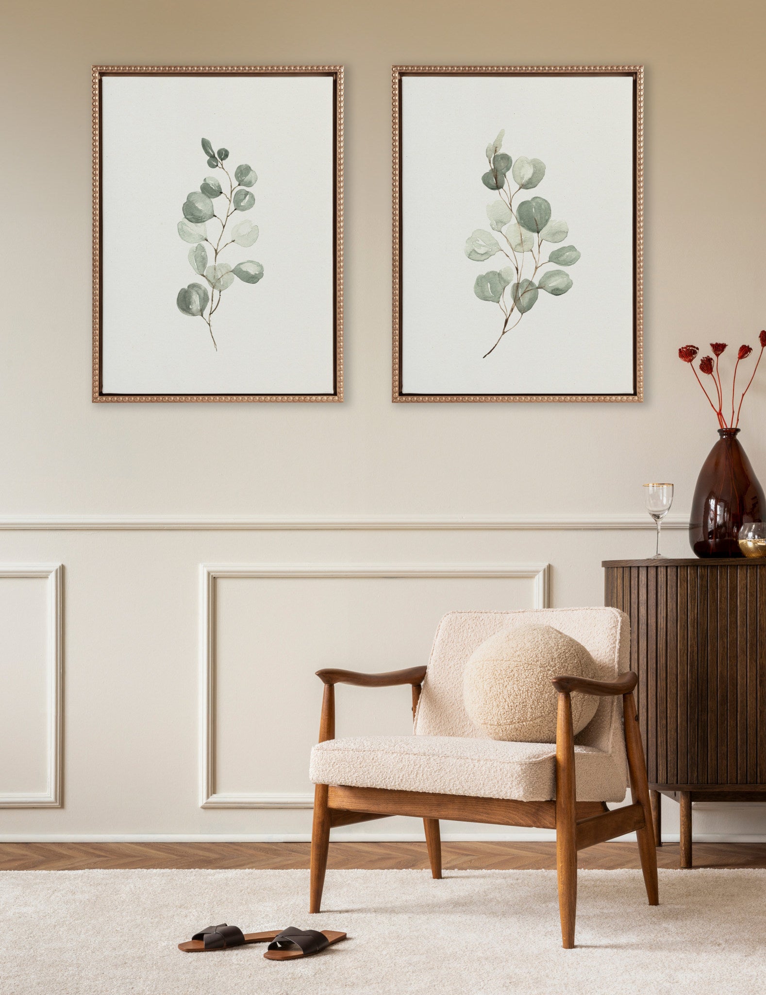 Sylvie Beaded Eucalyptus 4a and Eucalyptus 4b Framed Canvas Art Set by Maja Mitrovic of Makes My Day Happy