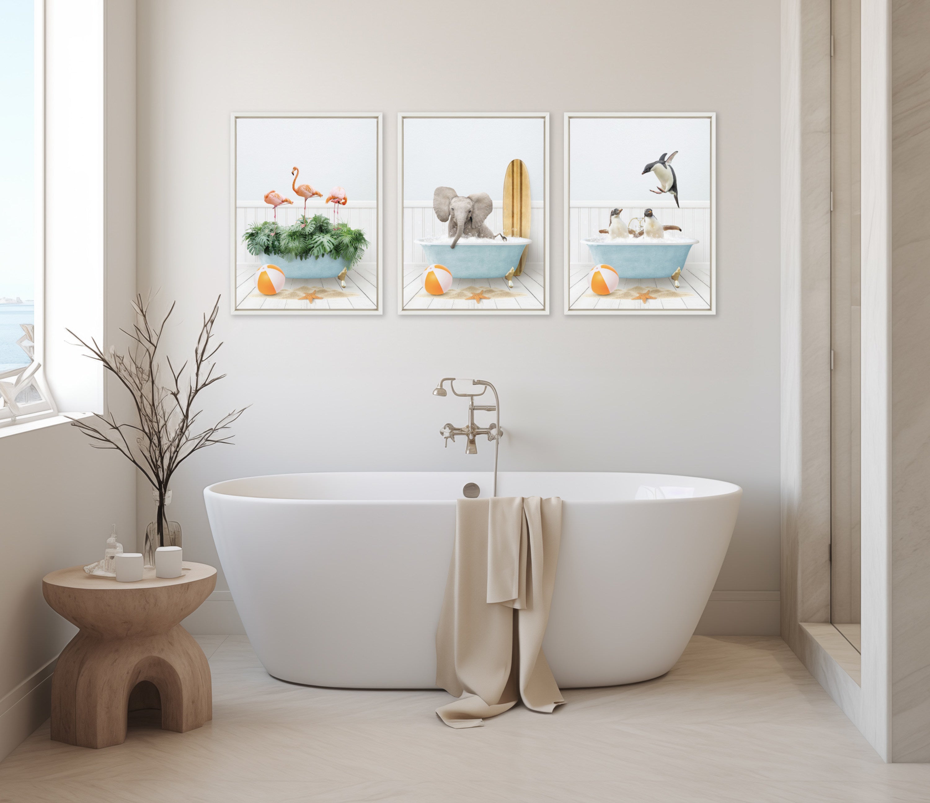 Sylvie Three Flamingos Beach House Bath Framed Canvas by Amy Peterson