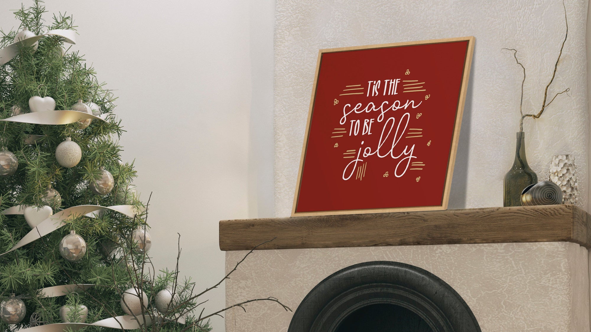 Living room with Christmas tree, fireplace, and decorative sign.