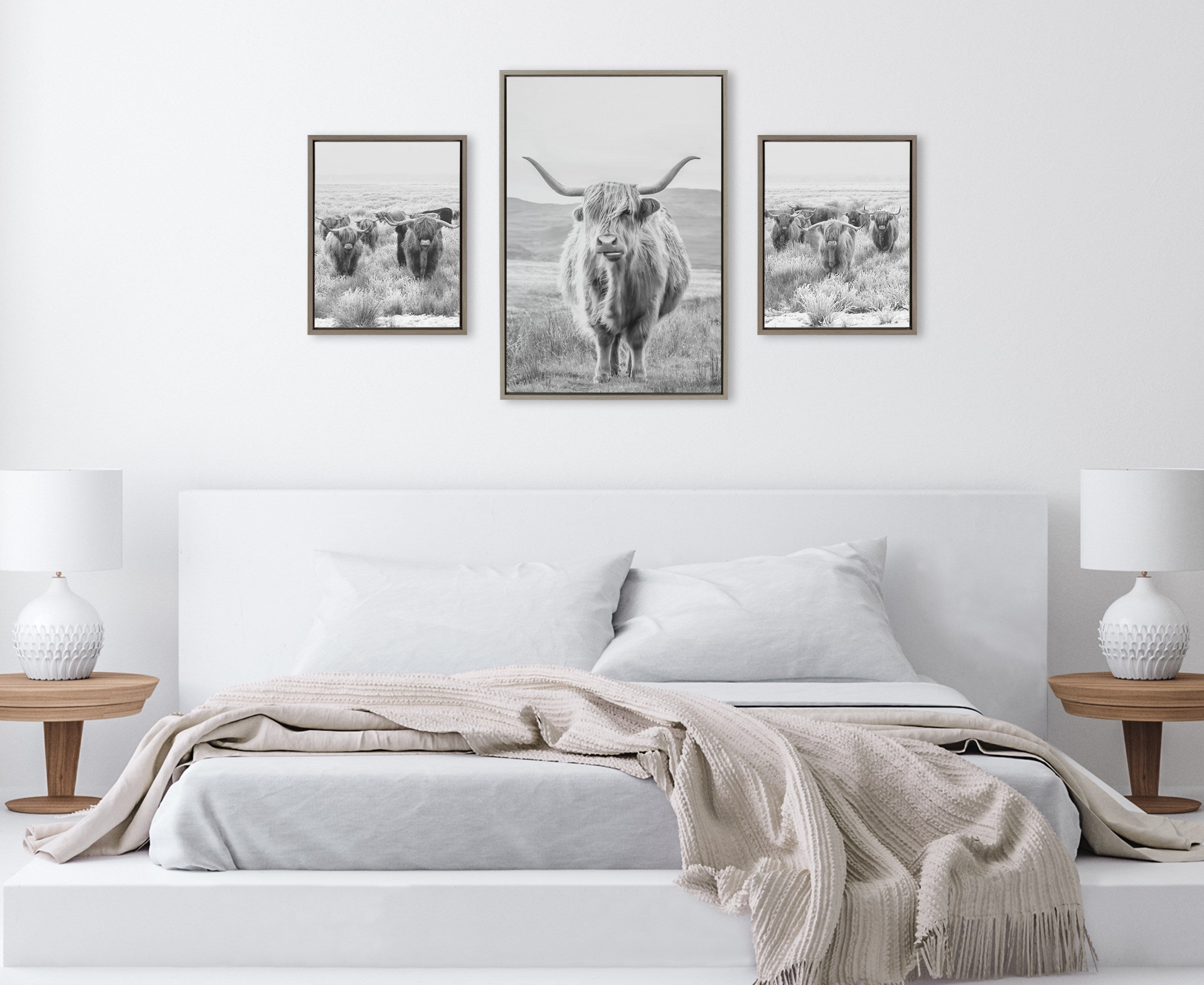 Sylvie Herd of Highland Cows BW Left and Right and Highland Cow Mountain Landscape Black and White Framed Canvas Art Set by The Creative Bunch Studio