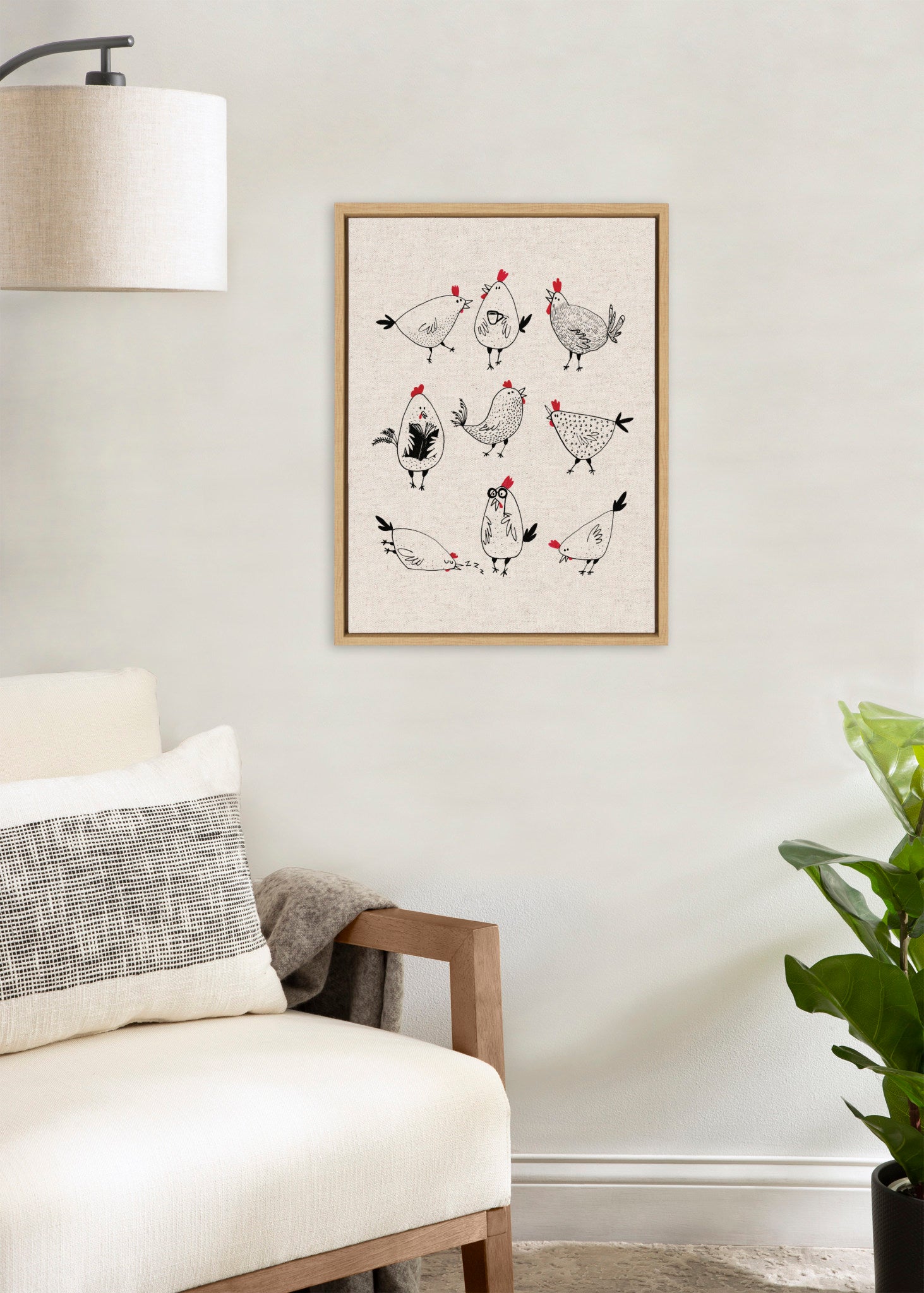 Sylvie Chickens Mama Neutral Linen Bright Framed Canvas by Viola Kreczmer