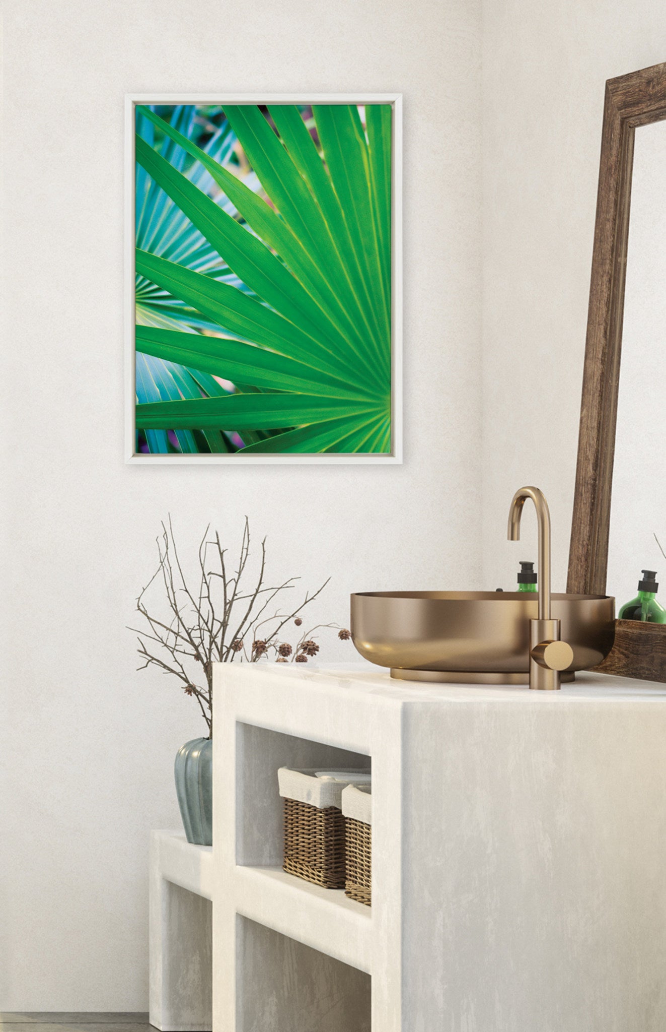 Sylvie Tropical Palm Frond Starburst Framed Canvas by Stephanie Klatt