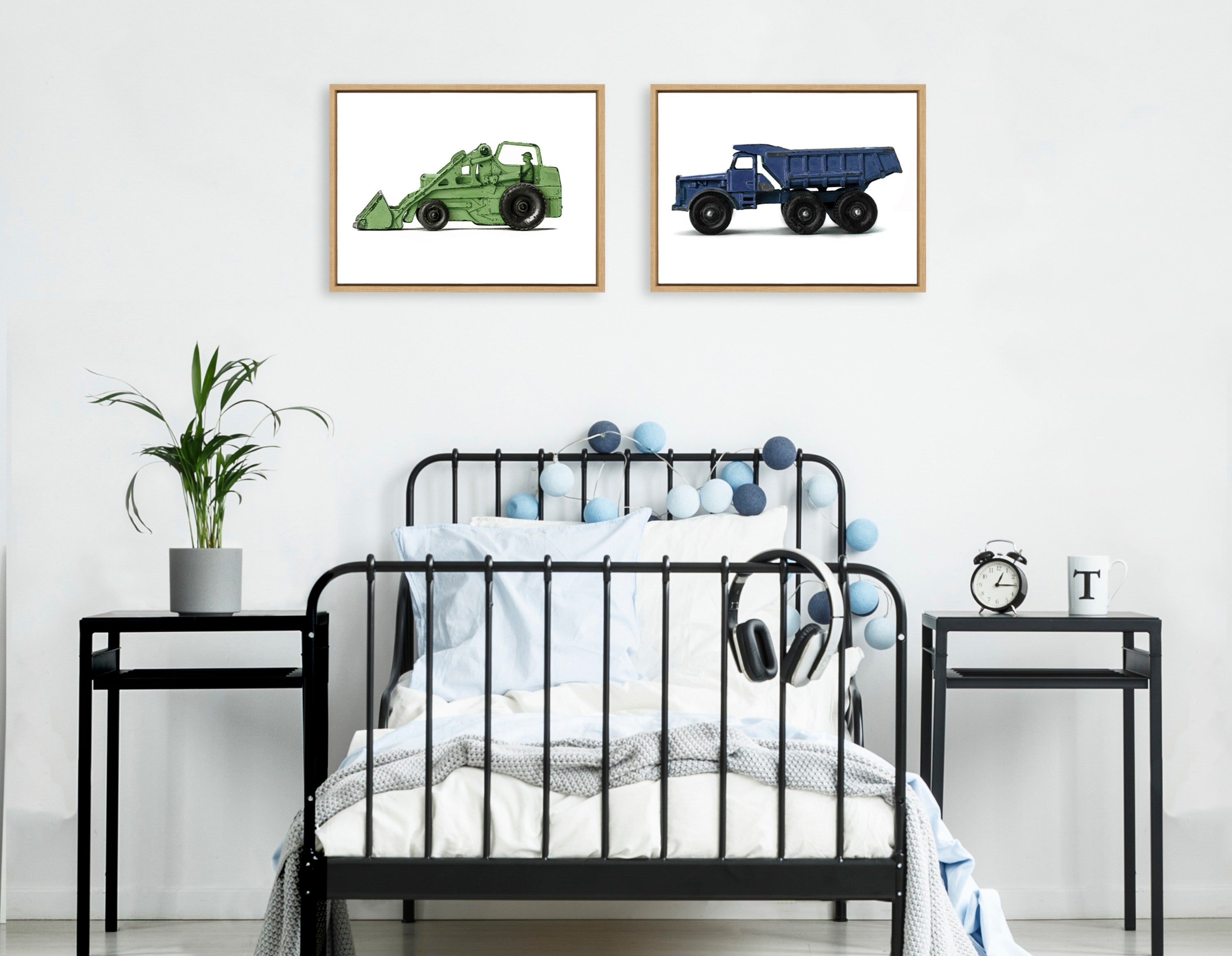 Sylvie Vintage Toy Tractor Green and Vintage Toy Dump Truck Blue Framed Canvas Art Set by Saint and Sailor Studios