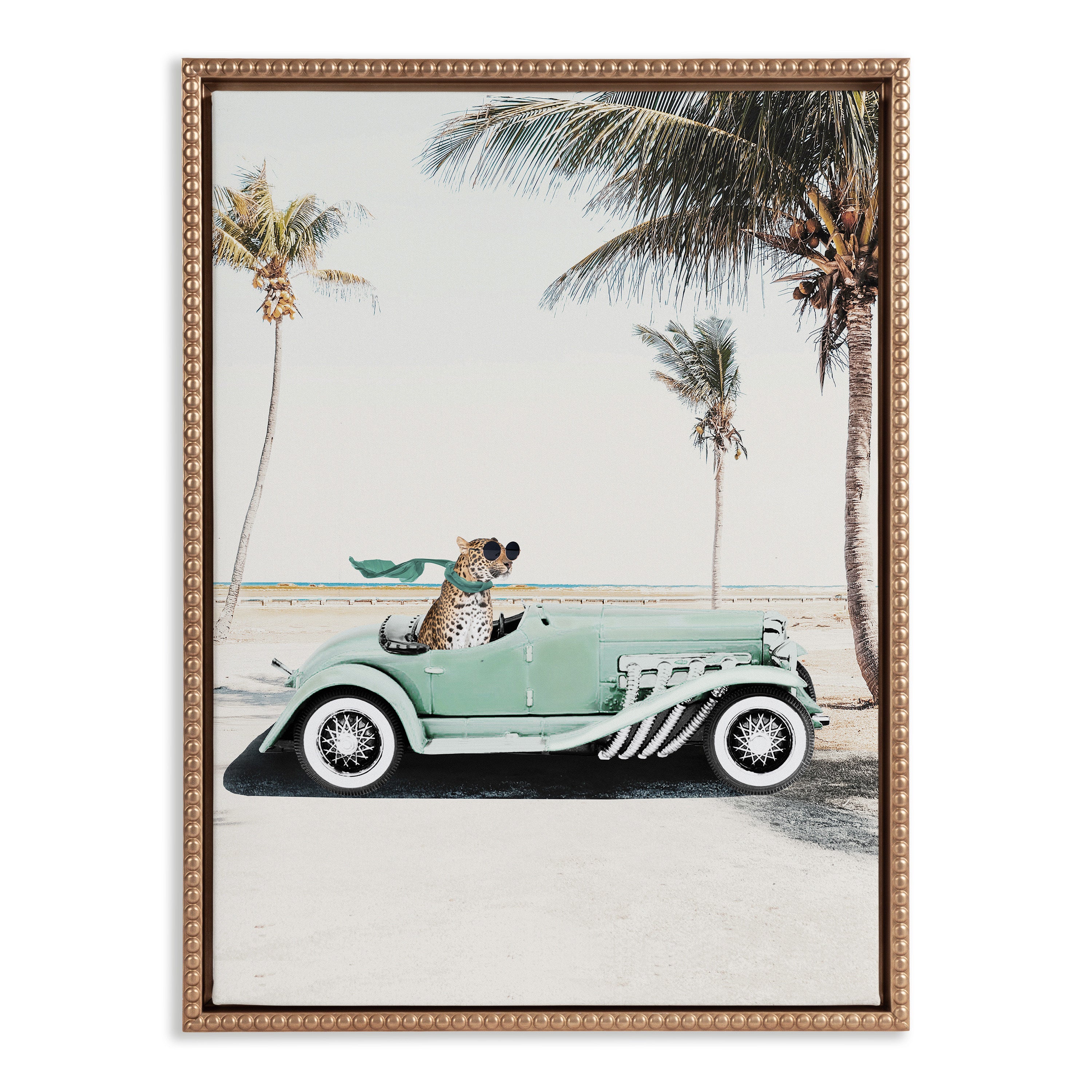 Sylvie Beaded Leopard in Car Beach Palms Framed Canvas by July Art Prints