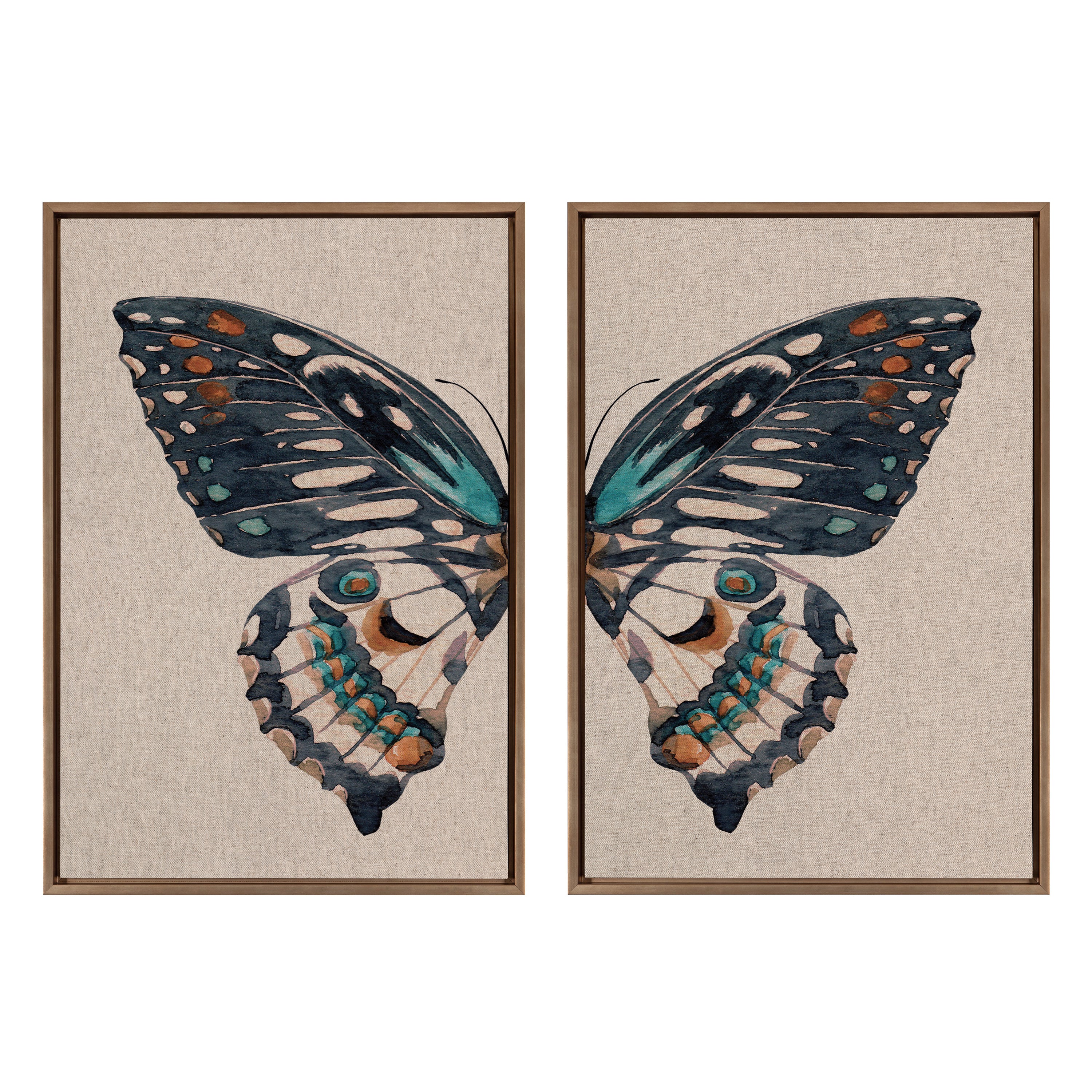 Sylvie Boho Butterfly Watercolor Diptych Neutral Linen Framed Canvas Art Set by The Creative Bunch Studio