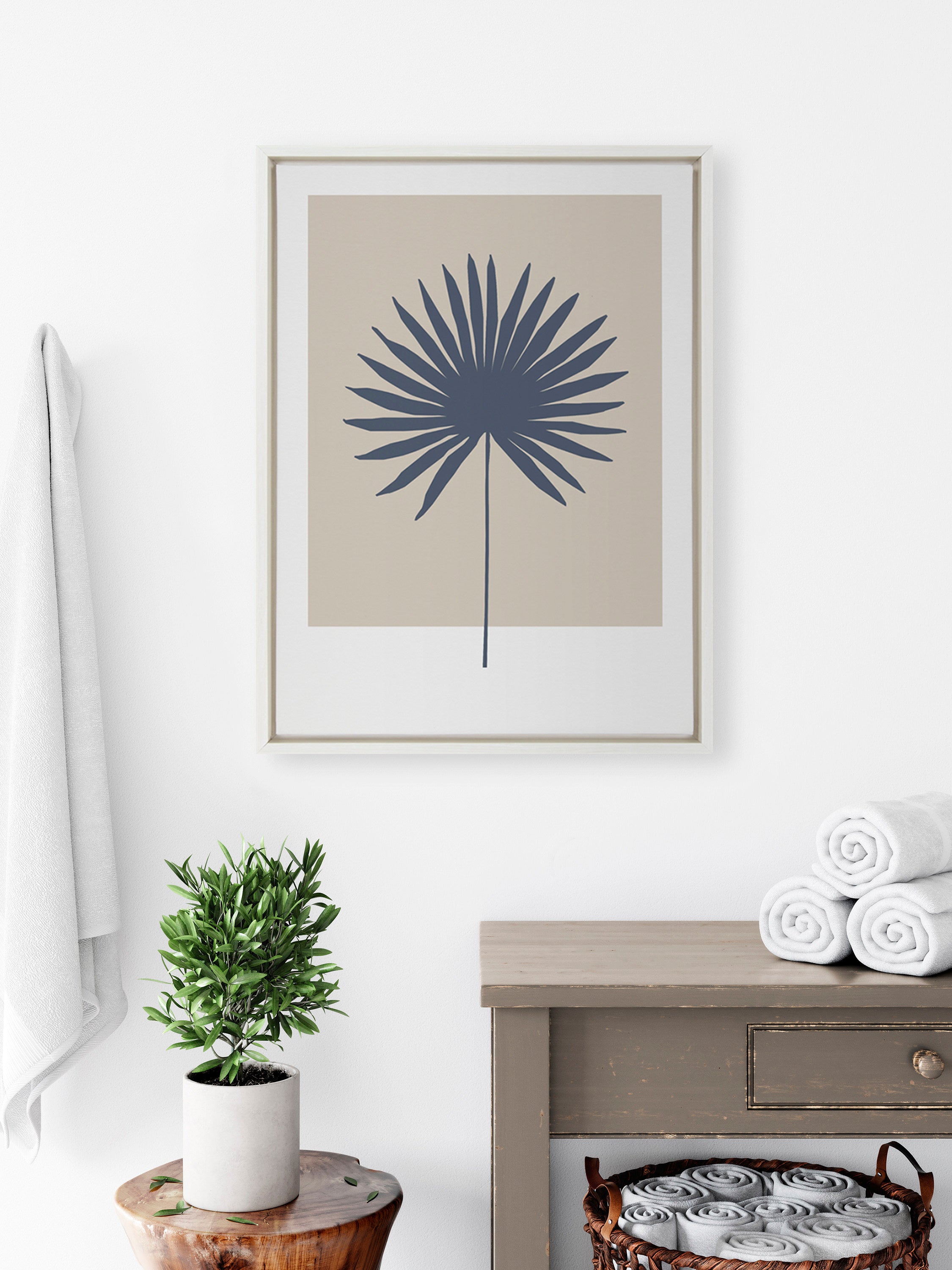 Sylvie Muted Tan and Blue Colorblock Botanical Palm Framed Canvas by The Creative Bunch Studio