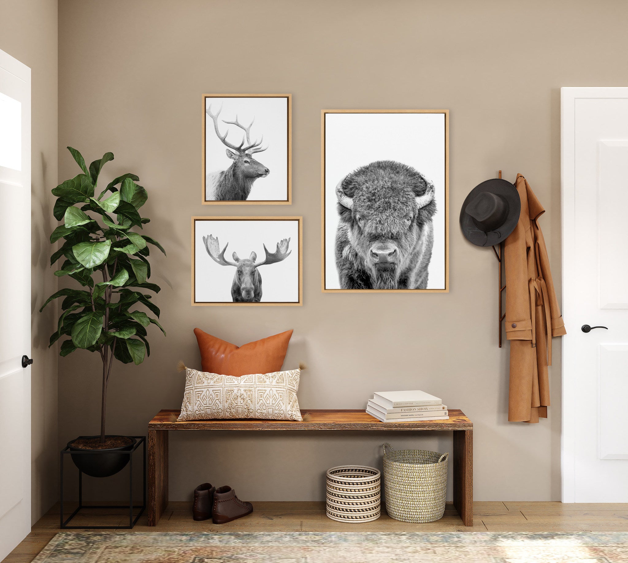 Sylvie Sylvie Bison Portrait Black and White, Stag Profile, and Moose Framed Canvas Art Set by Amy Peterson Art Studio