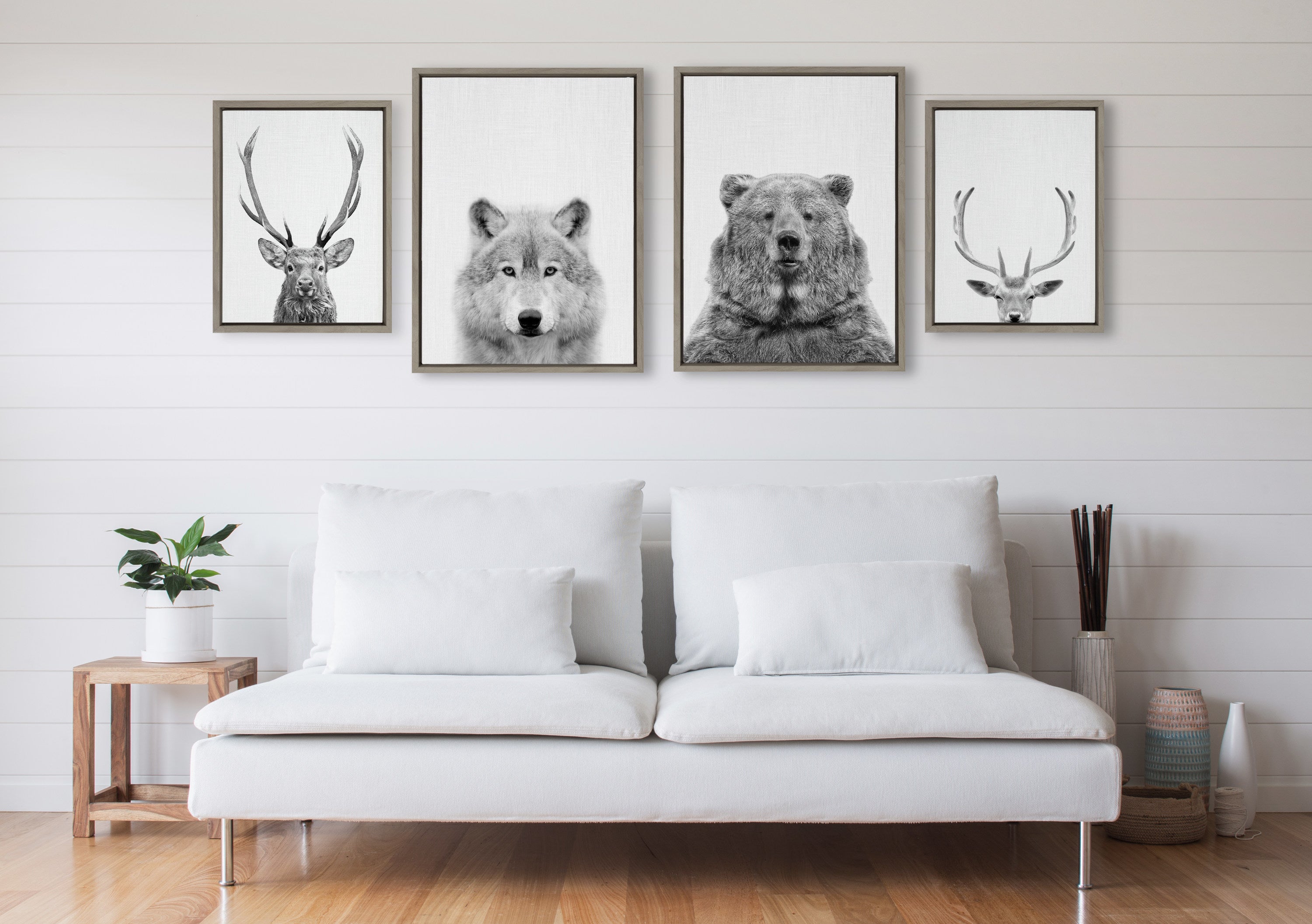Sylvie Deer, Wolf, Bear European and Cervus Elaphus The Red Deer Black and White Framed Canvas Art Set by Simon Te of Tai Prints