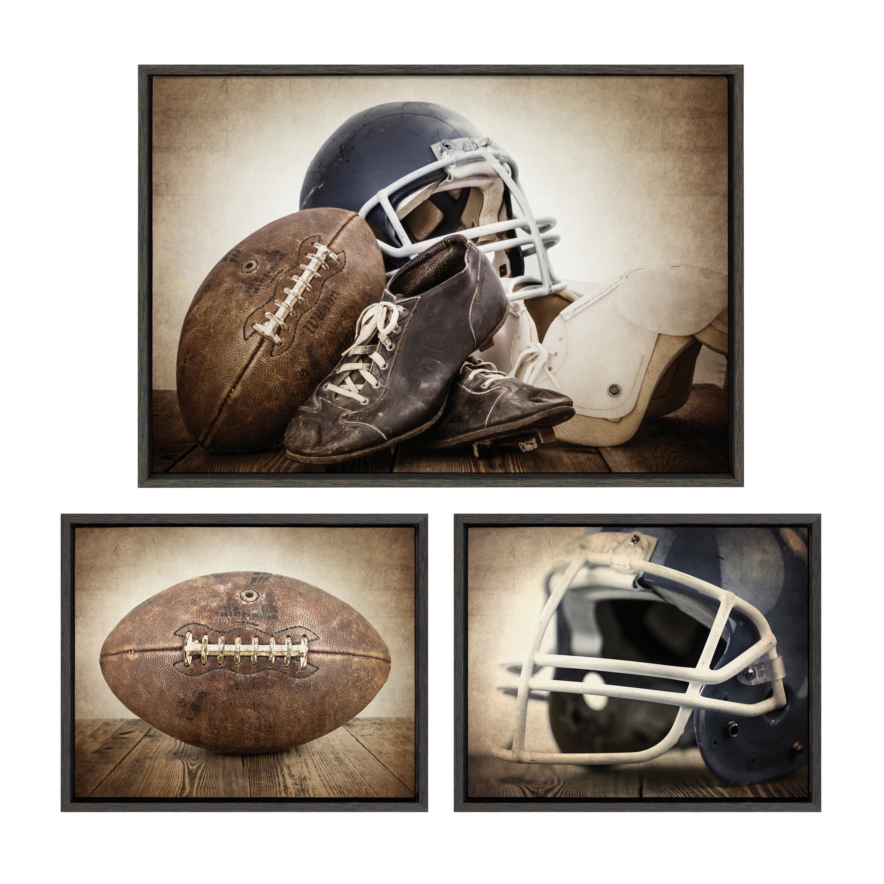 Sylvie Vintage Football, Vintage Football Gear and Vintage Football Helmet Framed Canvas Art Set by Saint and Sailor Studios