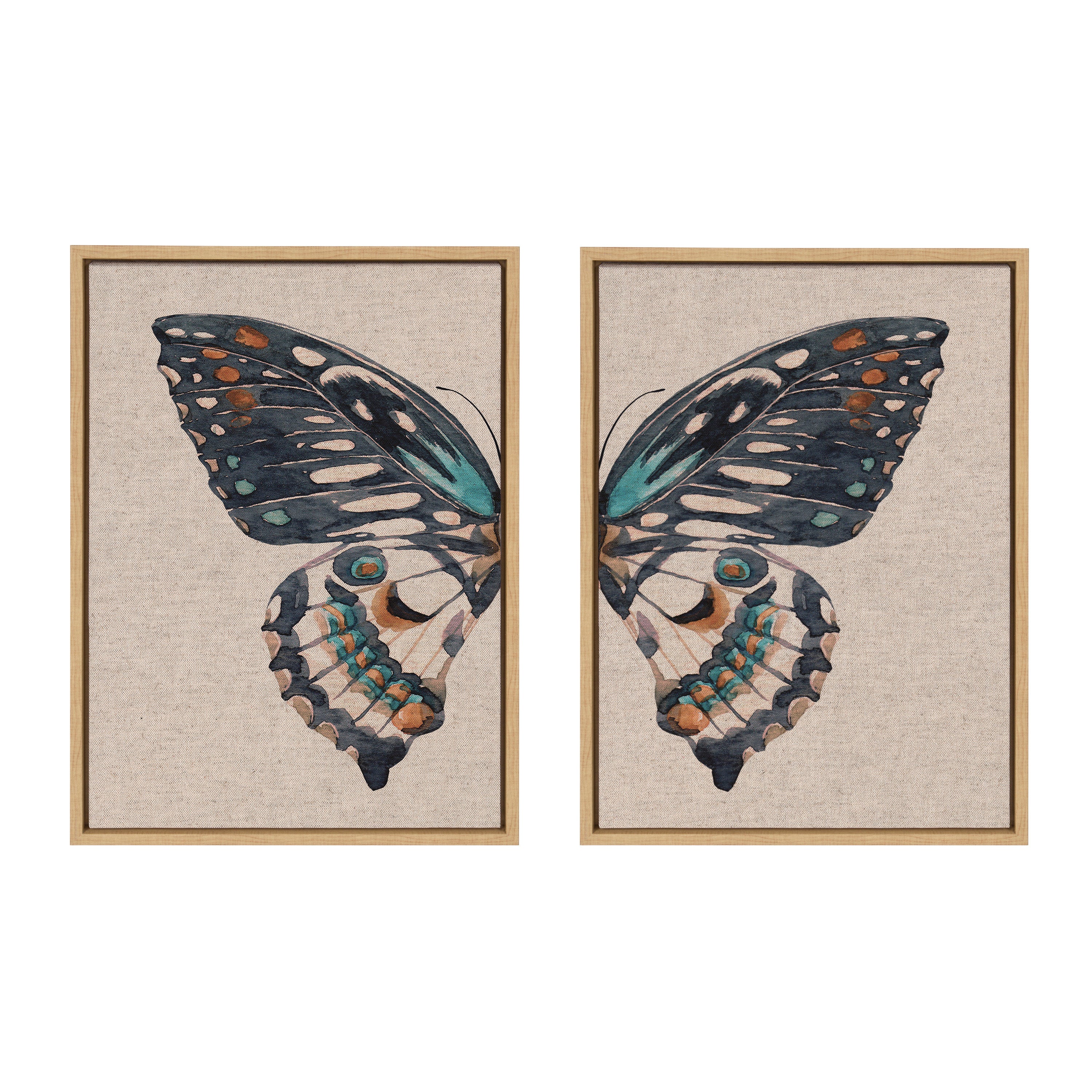 Sylvie Boho Butterfly Watercolor Diptych Neutral Linen Framed Canvas Art Set by The Creative Bunch Studio