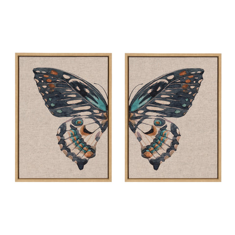 Sylvie Boho Butterfly Watercolor Diptych Neutral Linen Framed Canvas Art Set by The Creative Bunch Studio