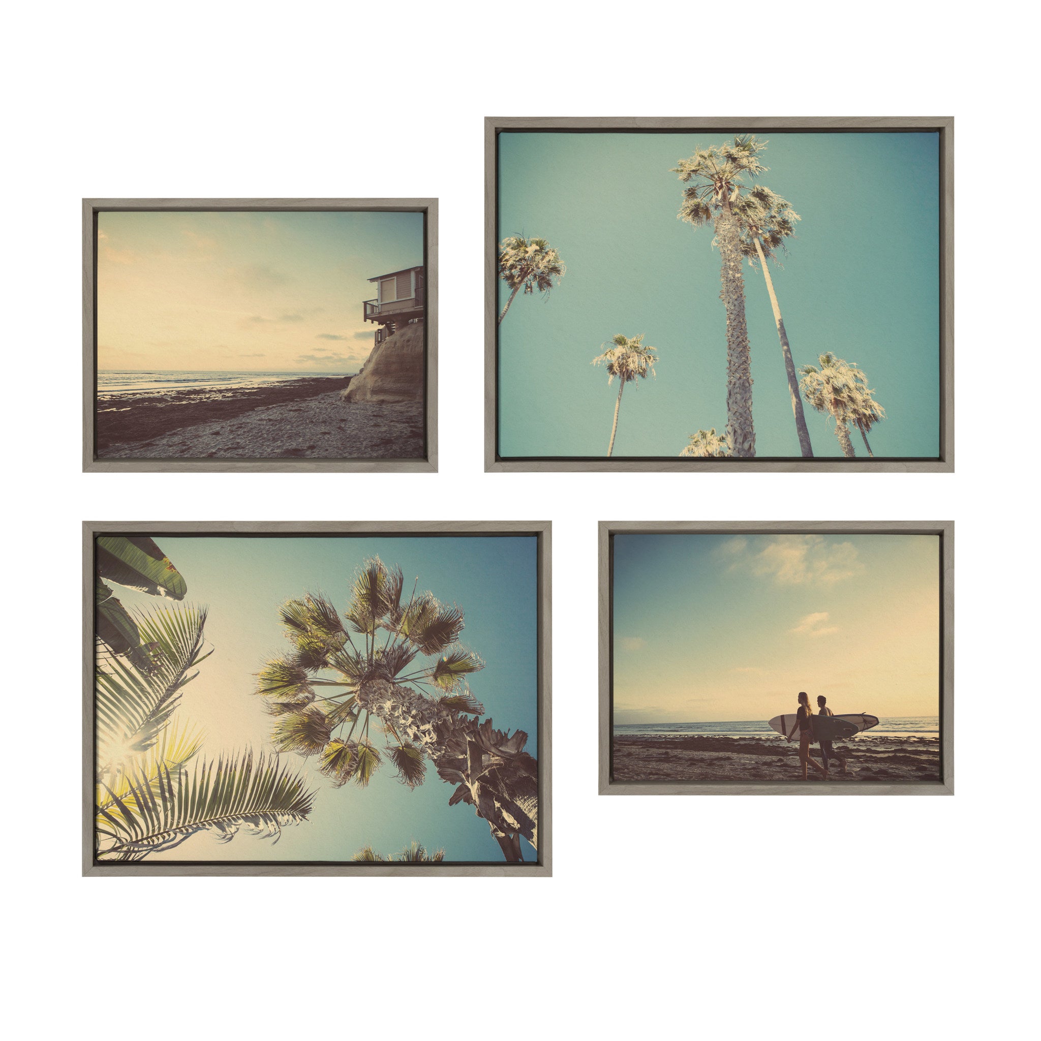 Sylvie House on Beach, Palm Trees in Lajolla, Palm Tree Sunburst and Surfers Framed Canvas Art Set by Saint and Sailor Studios