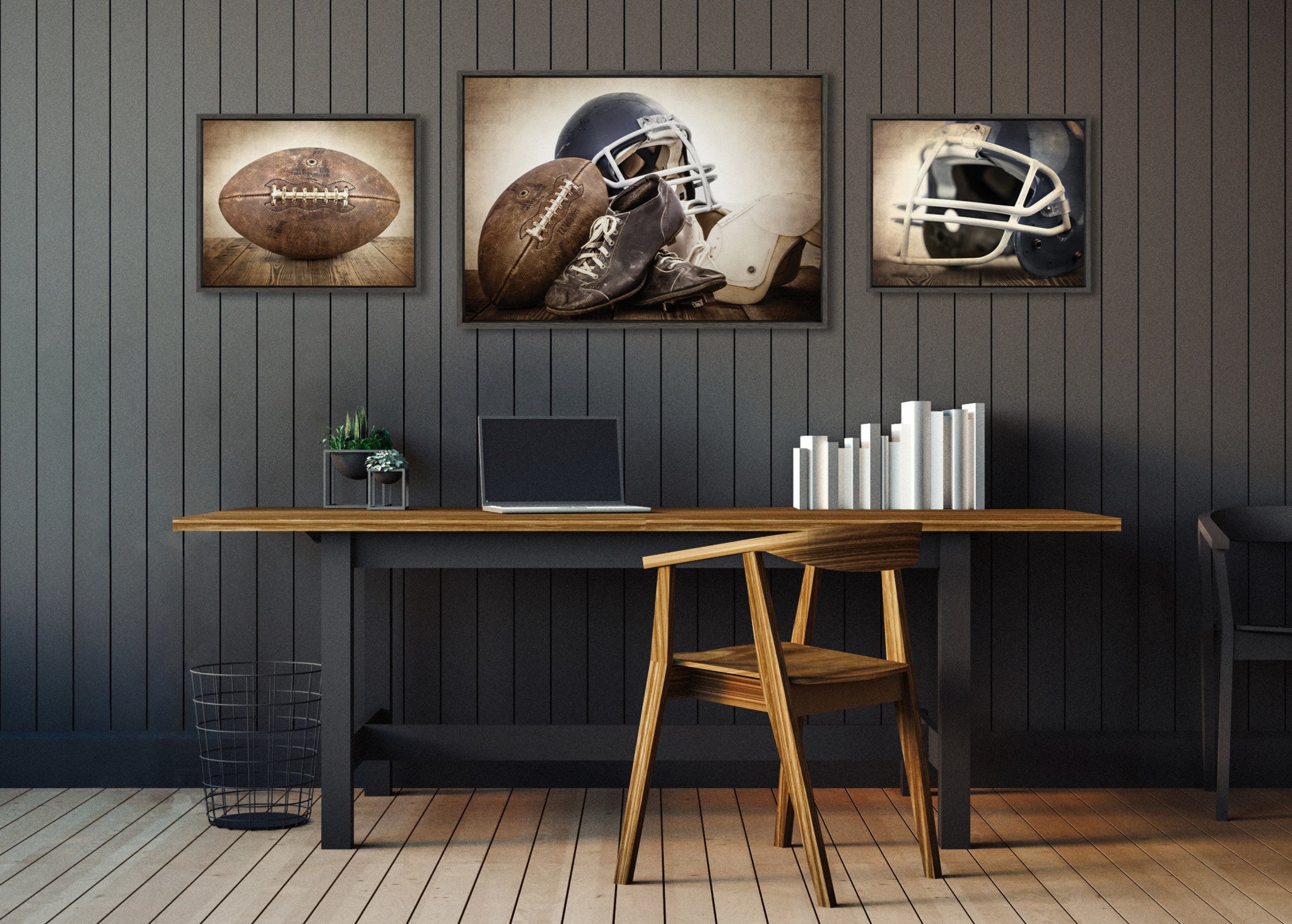 Sylvie Vintage Football, Vintage Football Gear and Vintage Football Helmet Framed Canvas Art Set by Saint and Sailor Studios