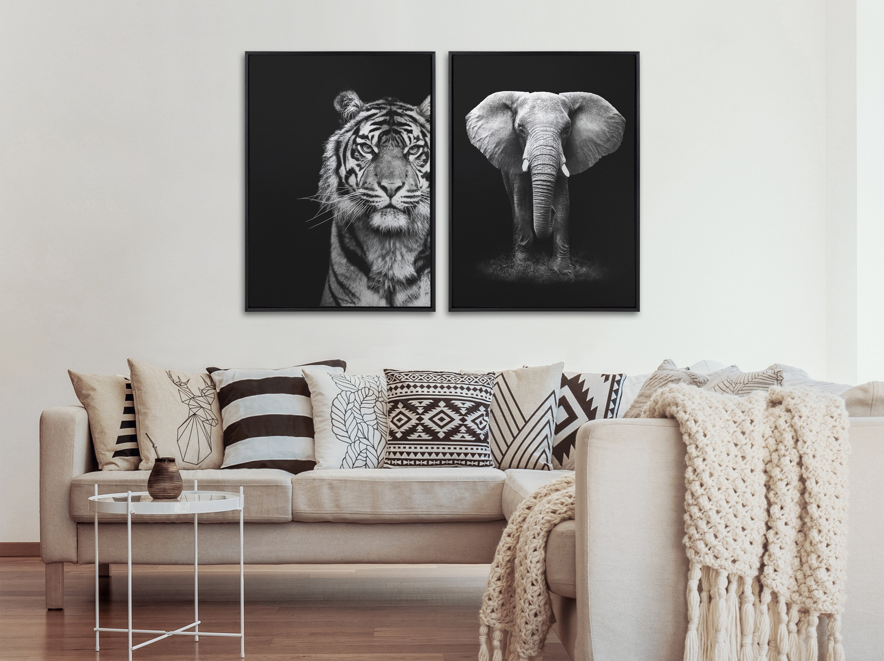 Sylvie African Elephant Safari Wildlife Animal BW Framed Canvas by Donvanstaden