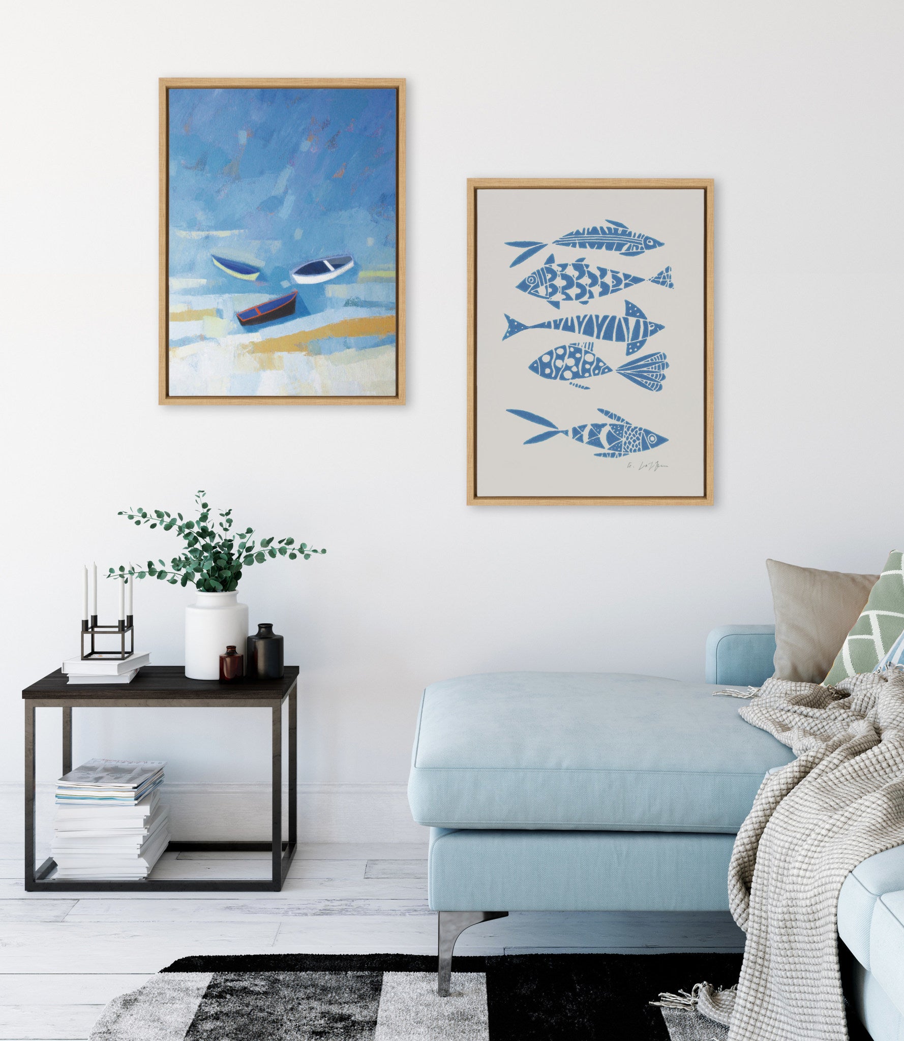 Sylvie Golden Dunes and Fishes Blue on Beige Framed Canvas Art Set by Giuliana Lazzerini