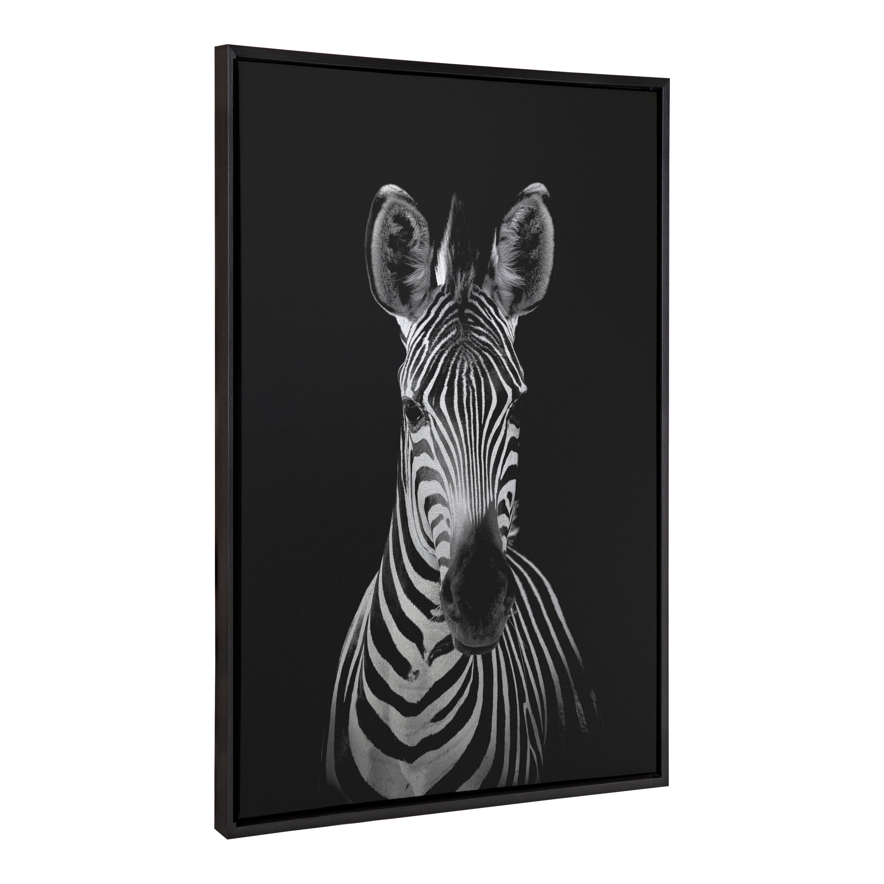 Sylvie Minimalist Zebra Animal Portrait on Black BW Framed Canvas by The Creative Bunch Studio