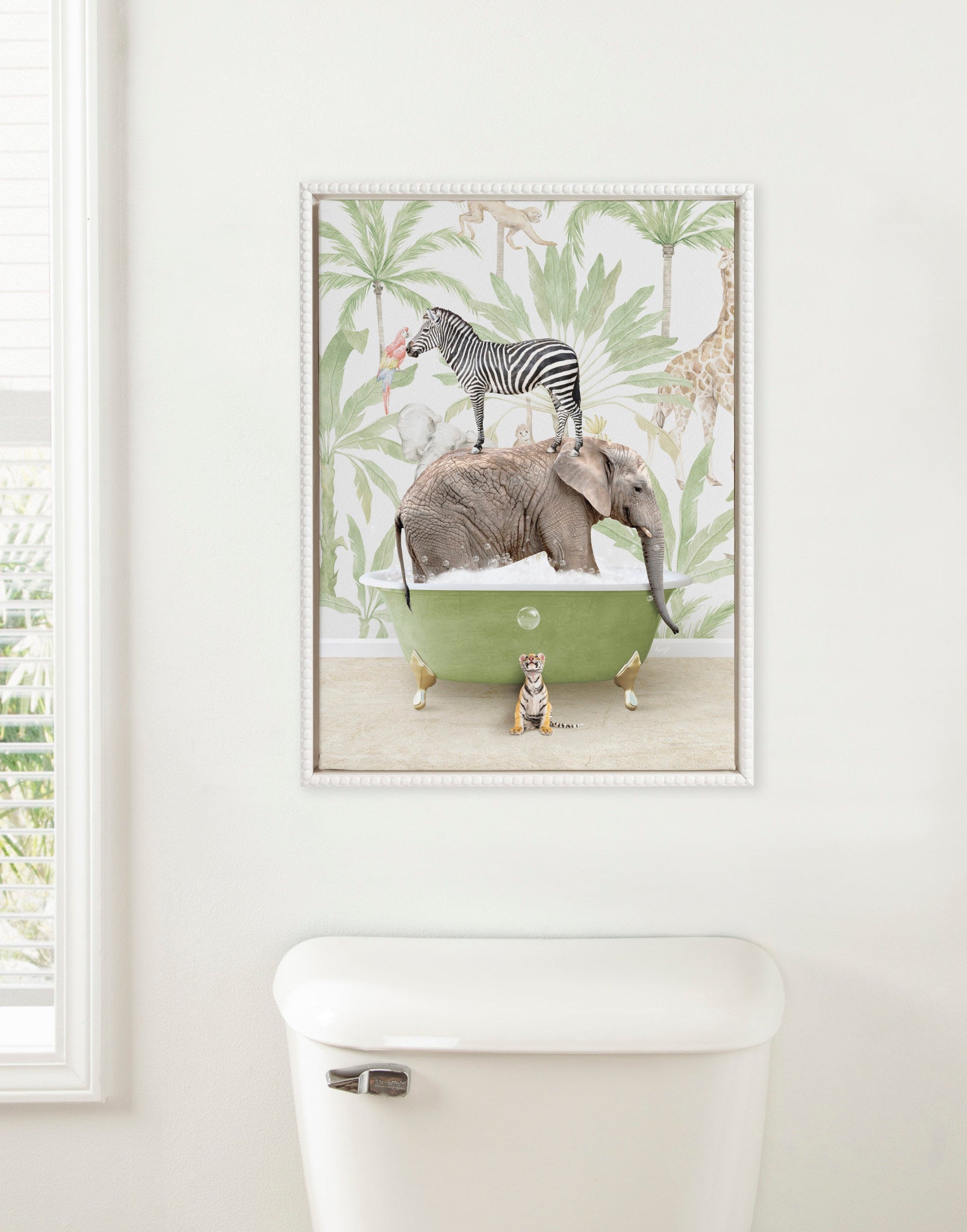 Sylvie Beaded Safari Animals in Safari Bath Framed Canvas by Amy Peterson