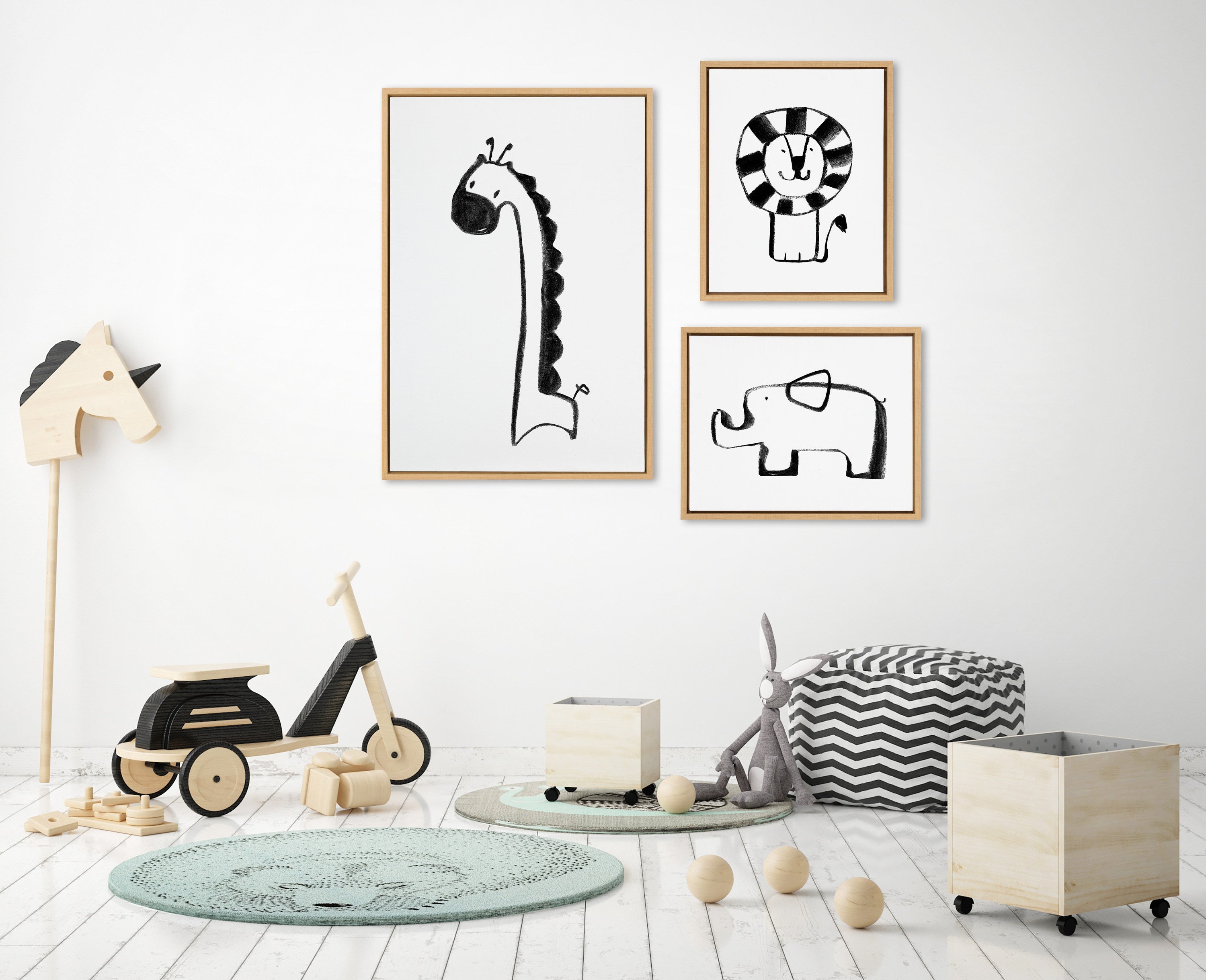 Sylvie 390 Giraffe BW, 409 Lion BW and 400 Elephant BW Framed Canvas Art Set by Teju Reval of SnazzyHues