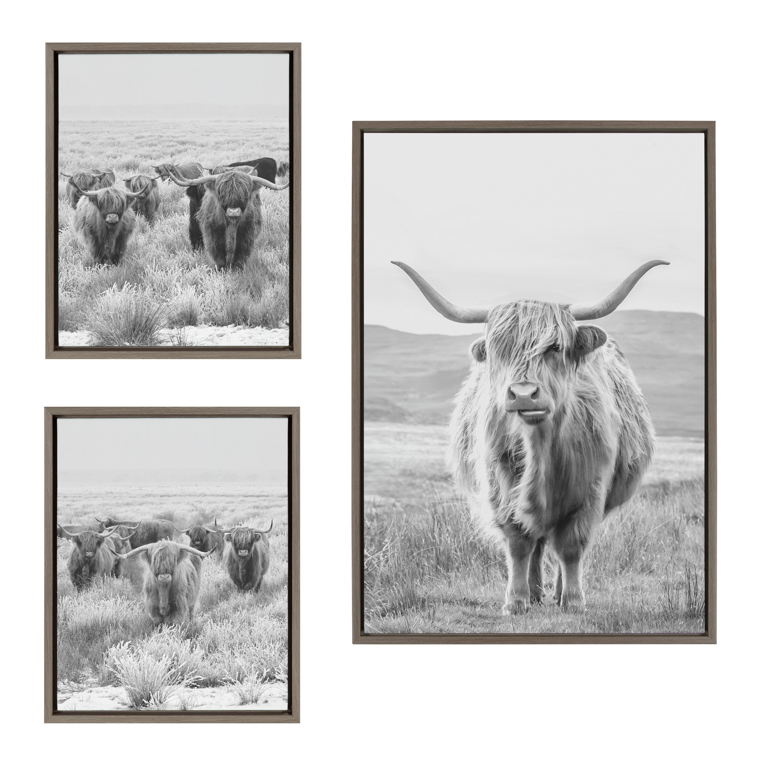 Sylvie Herd of Highland Cows BW Left and Right and Highland Cow Mountain Landscape Black and White Framed Canvas Art Set by The Creative Bunch Studio