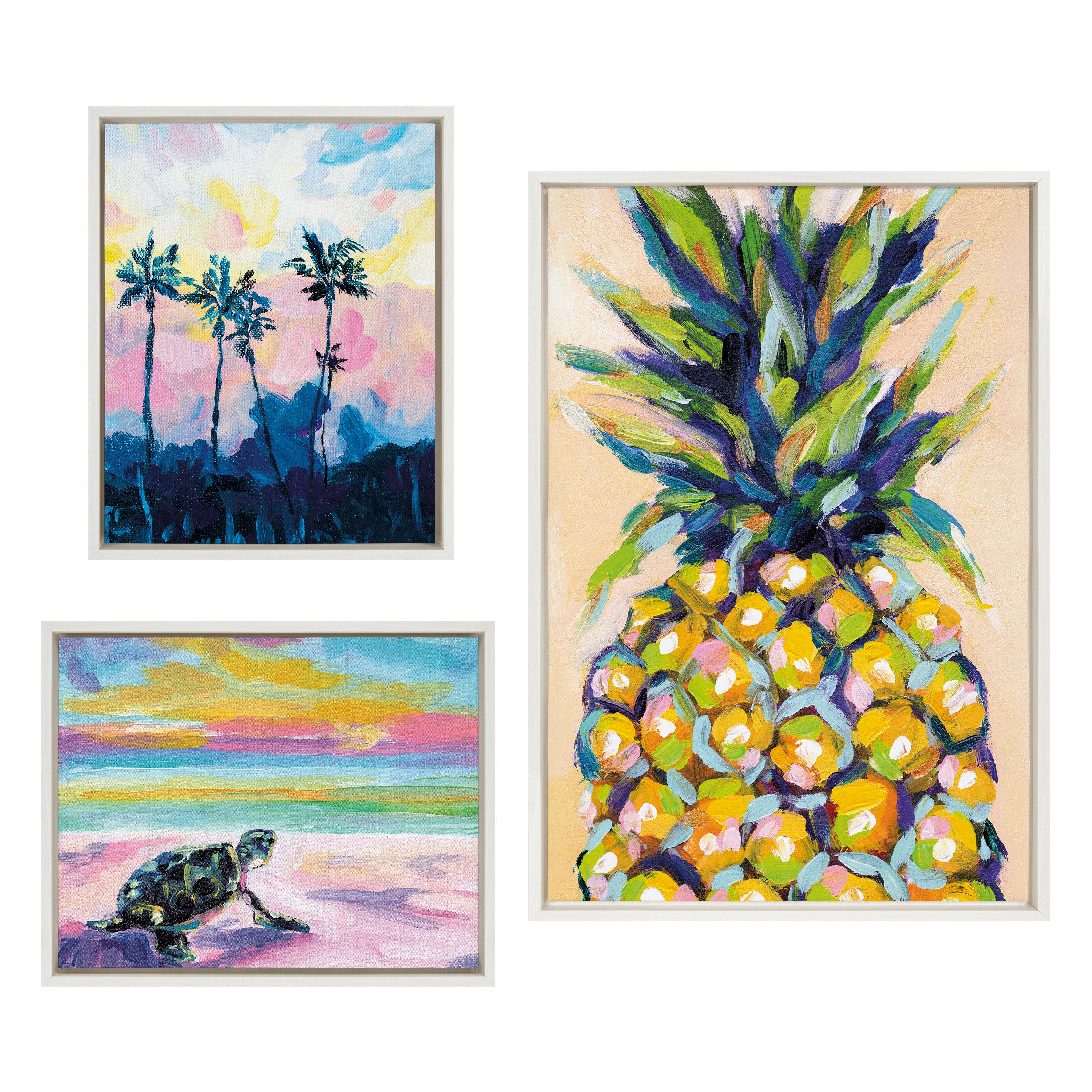 Sylvie Pineapple Study No 2, Apache Junction Sunset and Sunset Sea Turtle Framed Canvas Art Set by Rachel Christopoulos