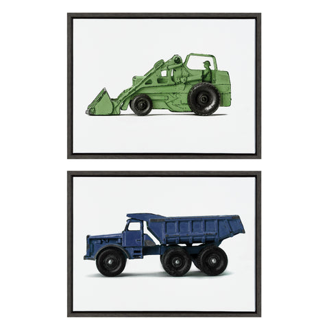 Sylvie Vintage Toy Tractor Green and Vintage Toy Dump Truck Blue Framed Canvas Art Set by Saint and Sailor Studios