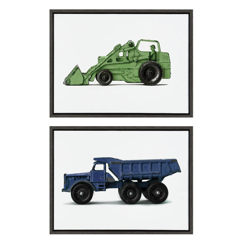 Sylvie Vintage Toy Tractor Green and Vintage Toy Dump Truck Blue Framed Canvas Art Set by Saint and Sailor Studios