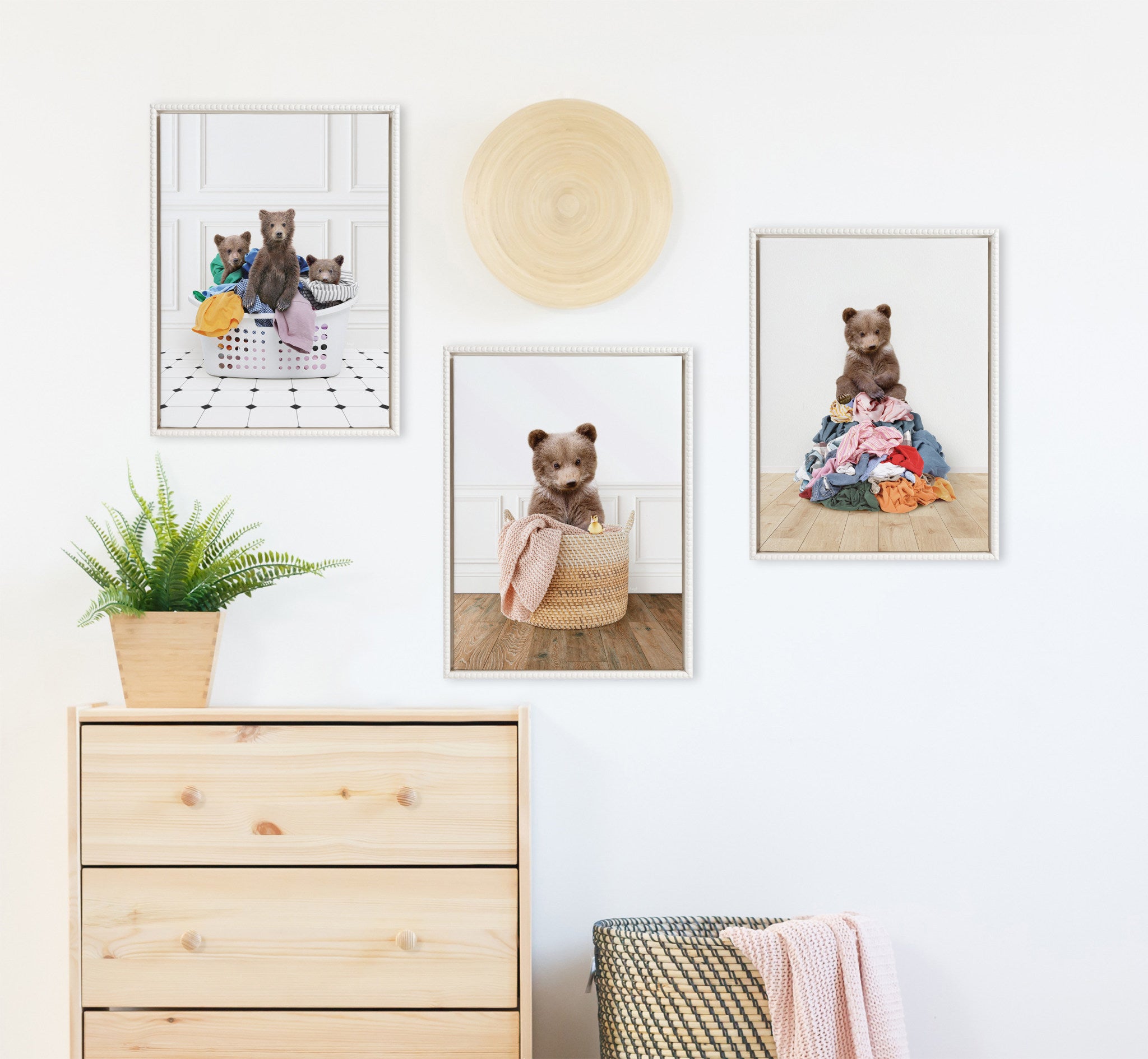 Sylvie Beaded Bear Cub In Laundry Basket Traditional Style Framed Canvas by Amy Peterson