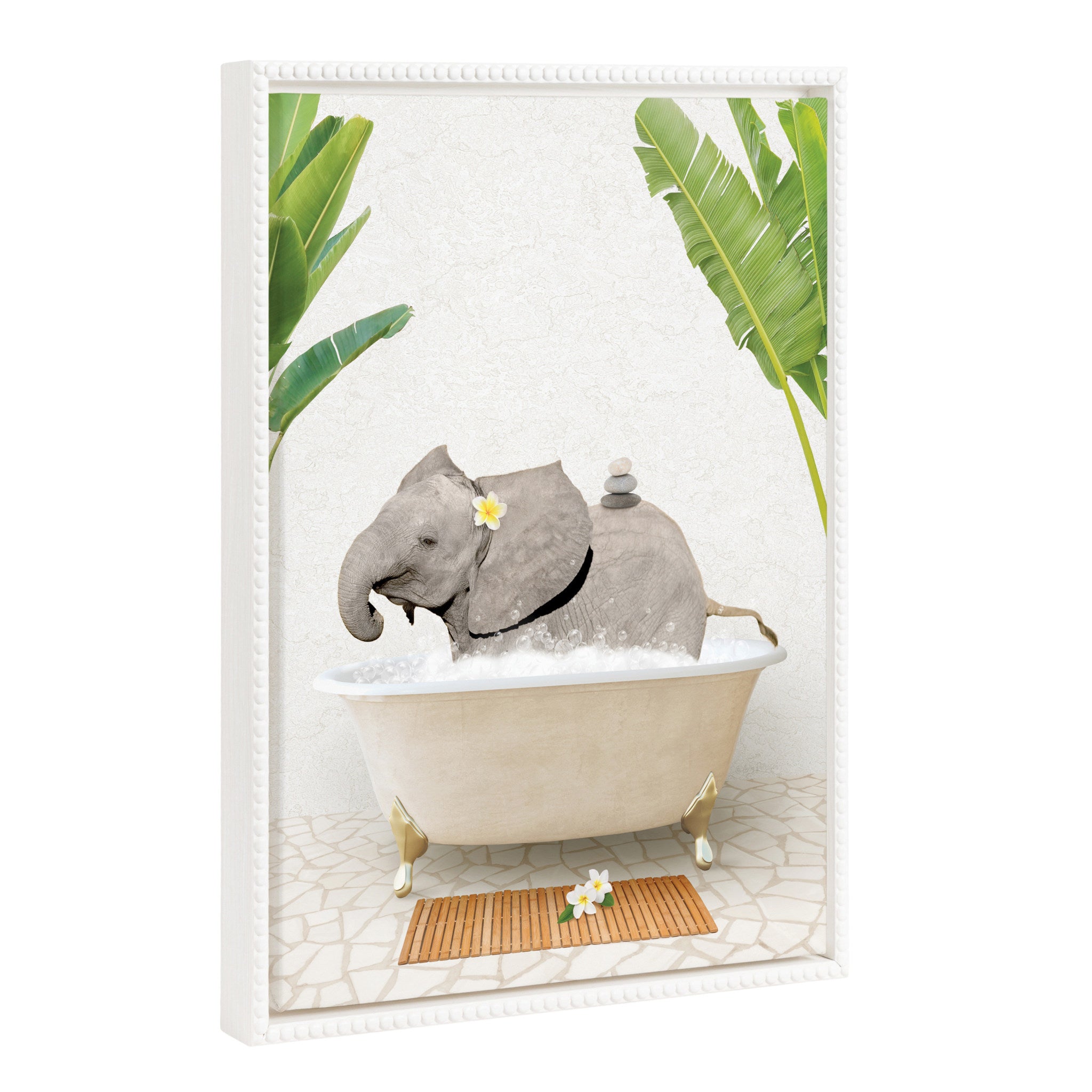 Sylvie Beaded Baby Elephant Bali Bath Framed Canvas by Amy Peterson