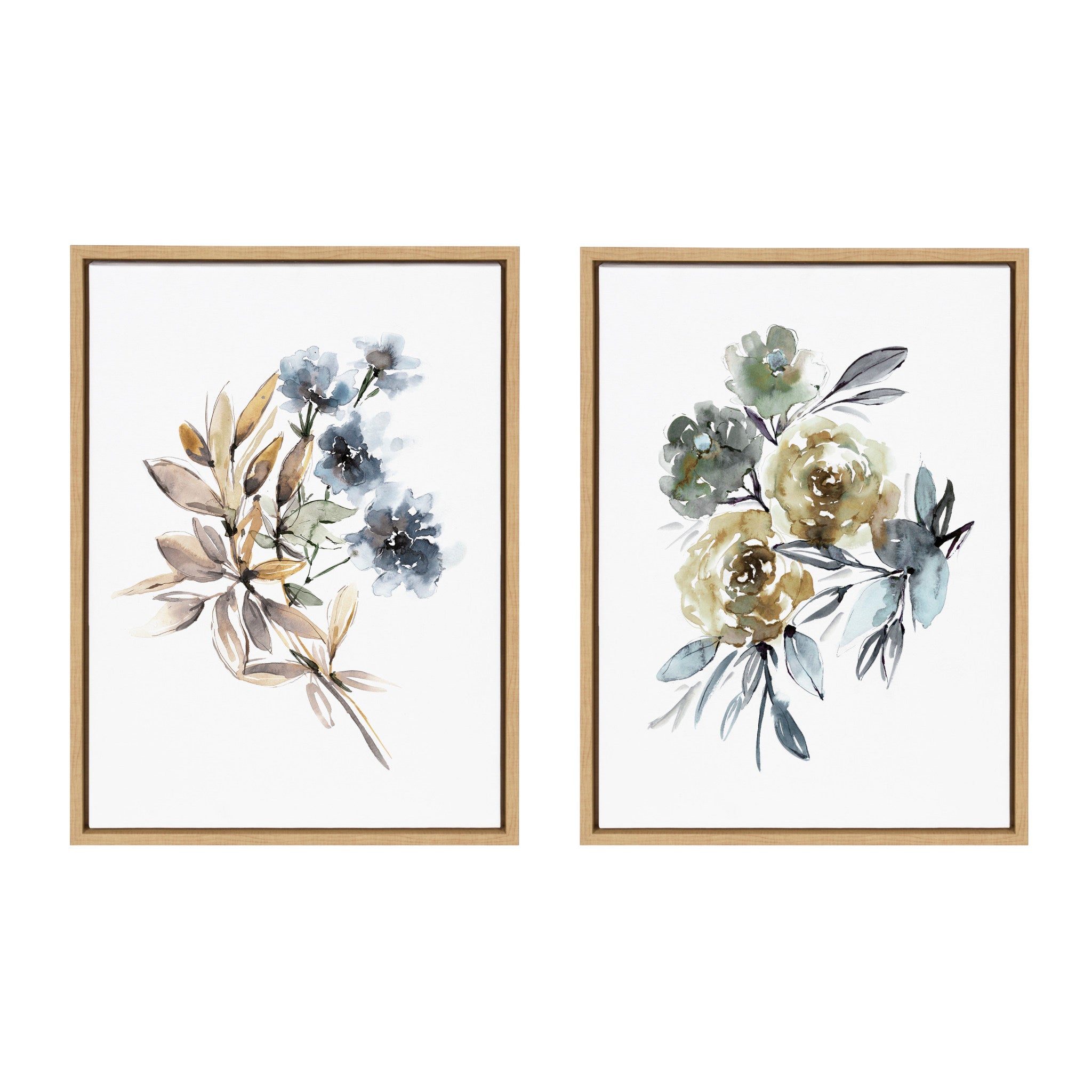 Sylvie Yellow Roses and Muted Blue Flowers Framed Canvas Art Set by Sara Berrenson