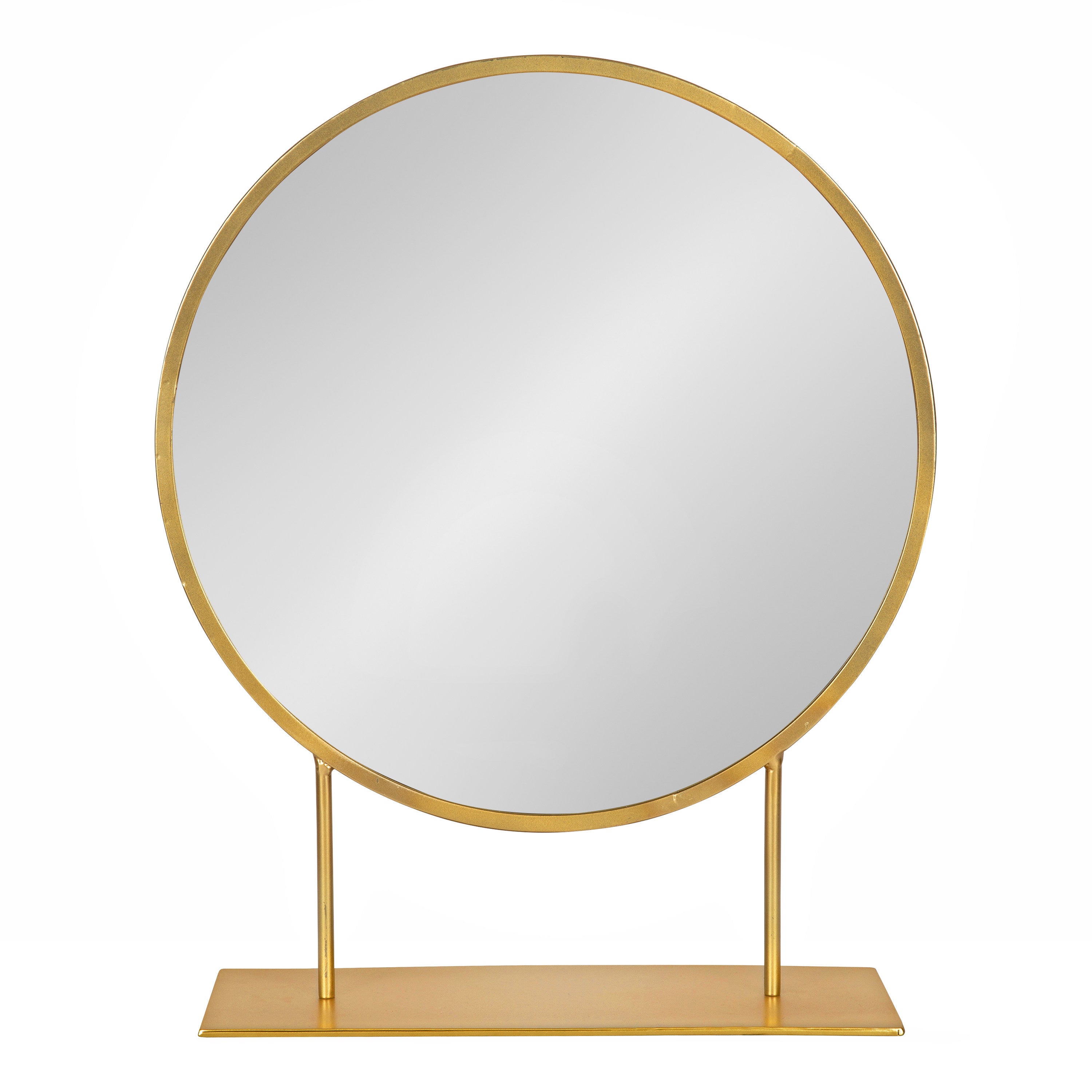 Gold Finish Round Table Mirror with Metal Stand