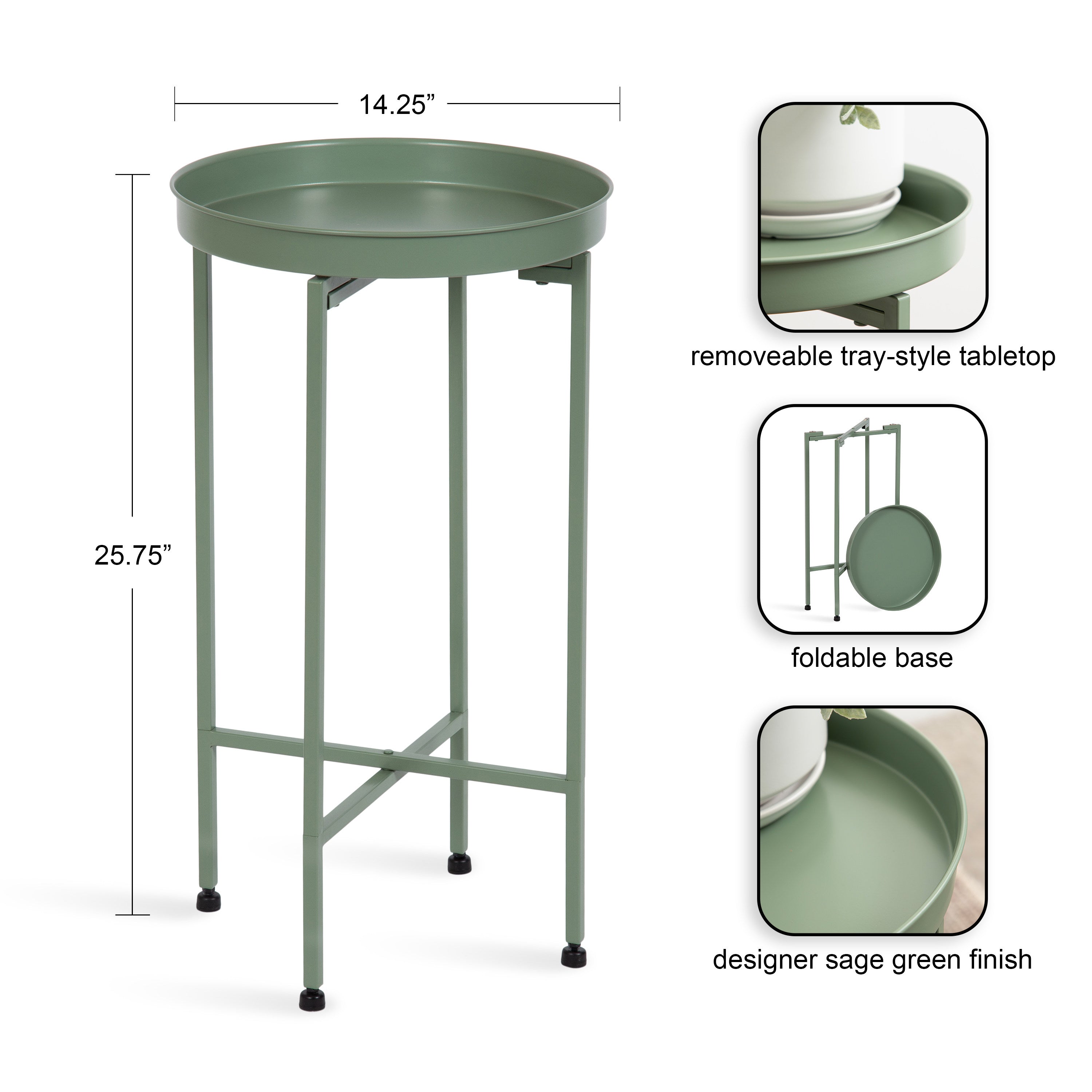 Kate and Laurel Celia Round Metal Foldable Accent Table, 15 x 26, Green,  Transitional Small Side Table with a Removable Magnetic Tray Tabletop and  Space-Saving Folding Base – kateandlaurel